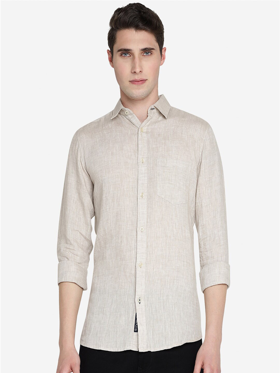 

JADE BLUE Spread Collar Pure Linen Slim Fit Casual Shirt, Beige
