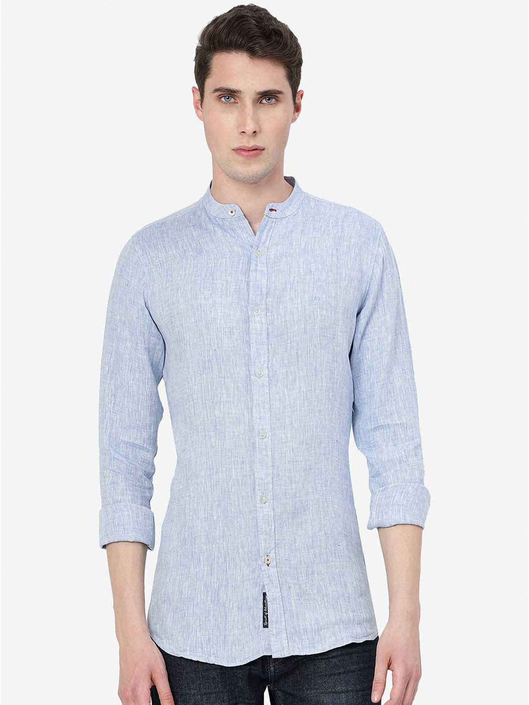 

JADE BLUE Mandarin Collar Pure Linen Slim Fit Casual Shirt
