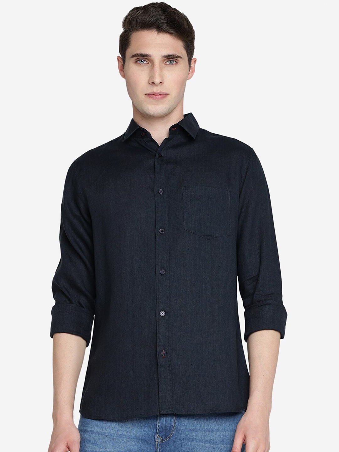 

JADE BLUE Spread Collar Pure Linen Slim Fit Casual Shirt, Navy blue