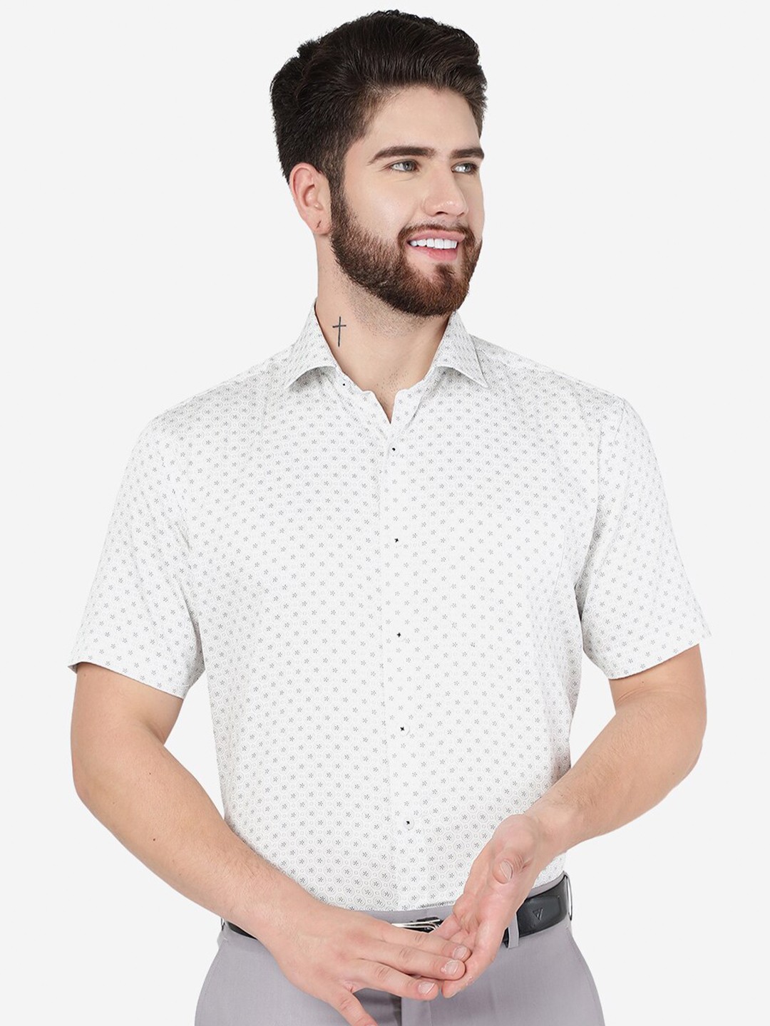 

JADE BLUE Micro Disty Printed Pure Cotton Formal Shirt, White
