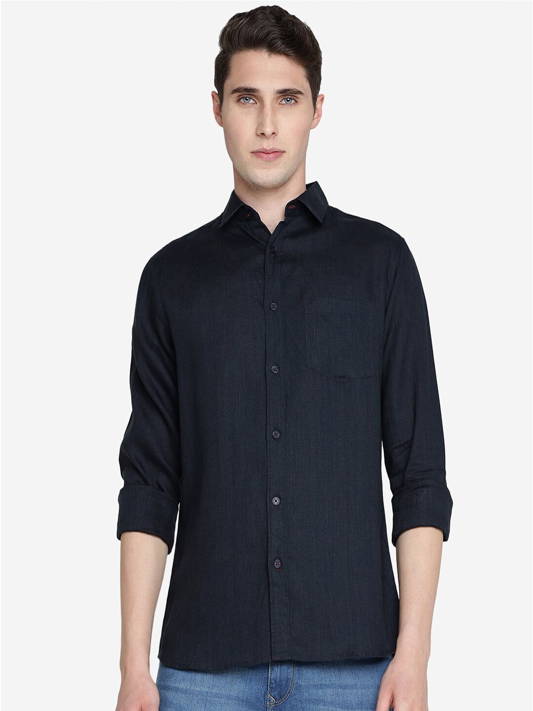 

JADE BLUE Spread Collar Pure Linen Slim Fit Casual Shirt, Navy blue