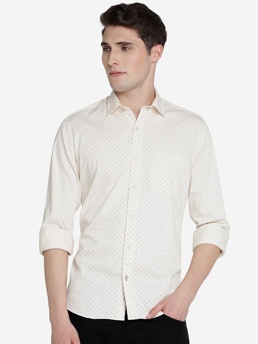 

JADE BLUE Micro Ditsy Printed Spread Collar Pure Cotton Slim Fit Casual Shirt, Cream