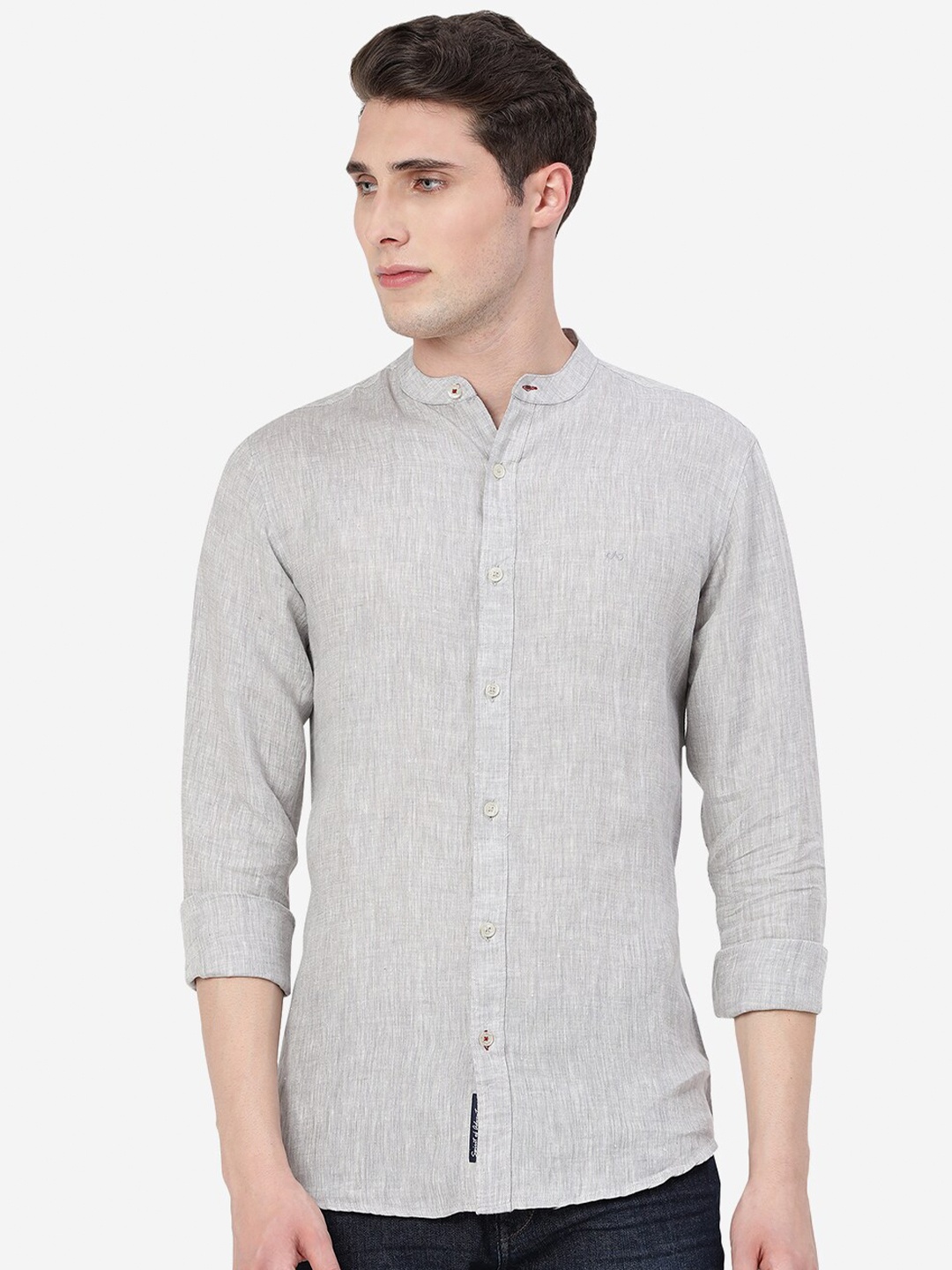 

JADE BLUE Slim Fit Mandarin Collar Pure Linen Casual Shirt, Grey