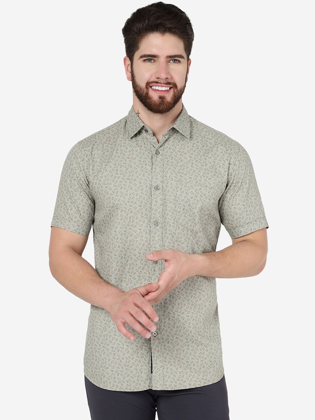 

JADE BLUE Floral Printed Spread Collar Slim Fit Pure Cotton Casual Shirt, Green