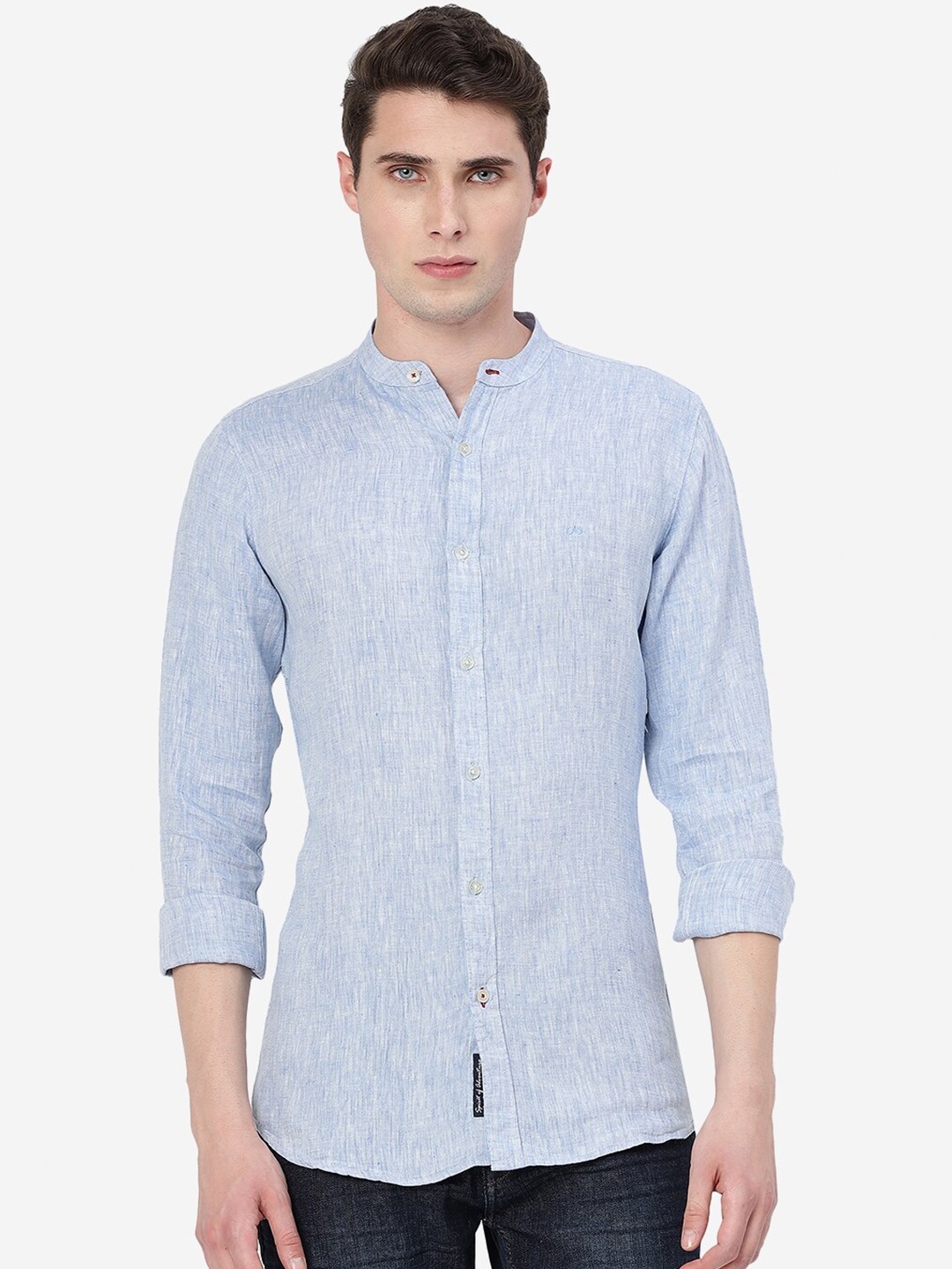 

JADE BLUE Band Collar Slim Fit Opaque Casual Pure Linen Shirt