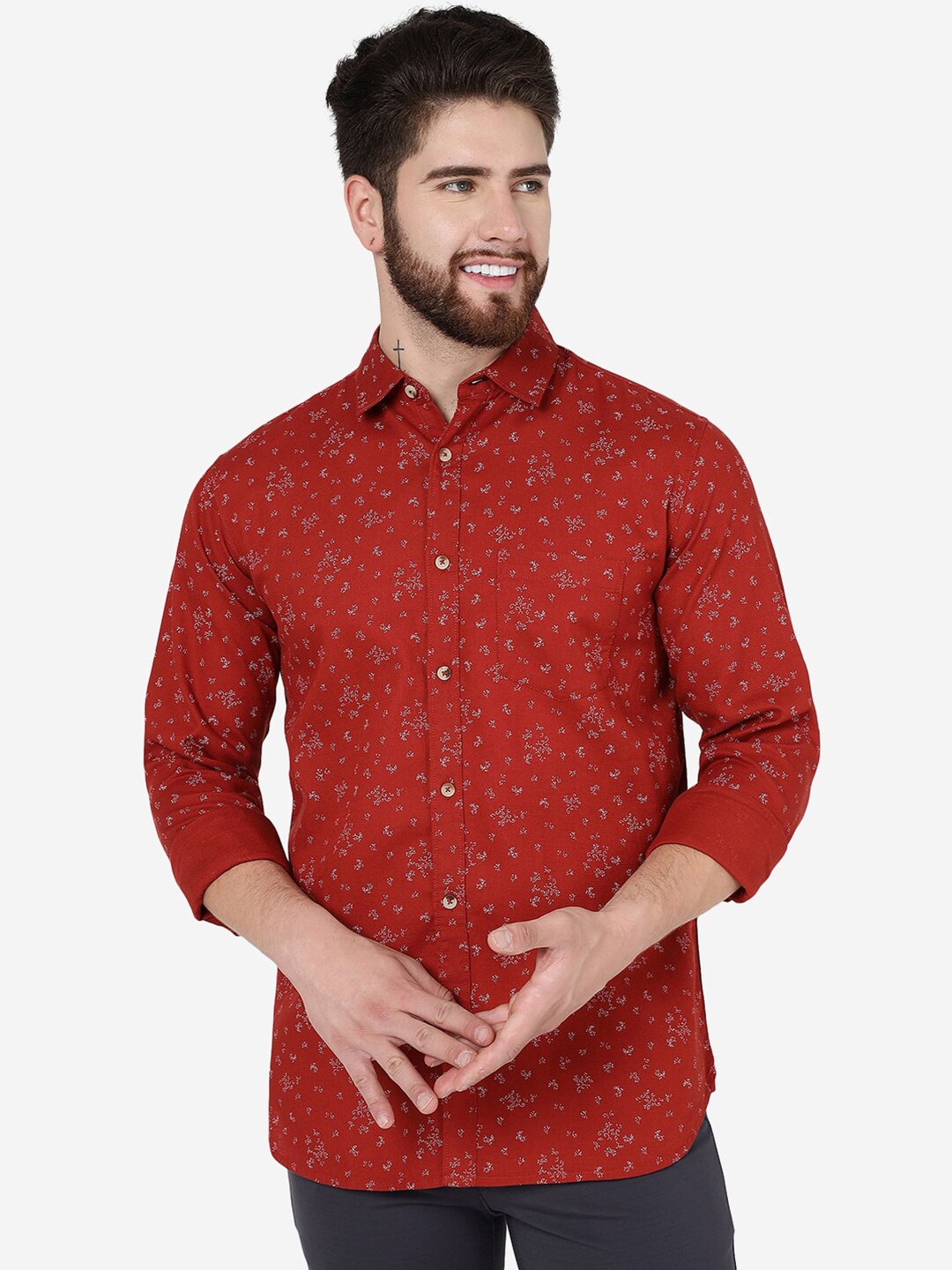 

JADE BLUE Men Floral Printed Slim Fit Opaque Pure Cotton Casual Shirt, Red