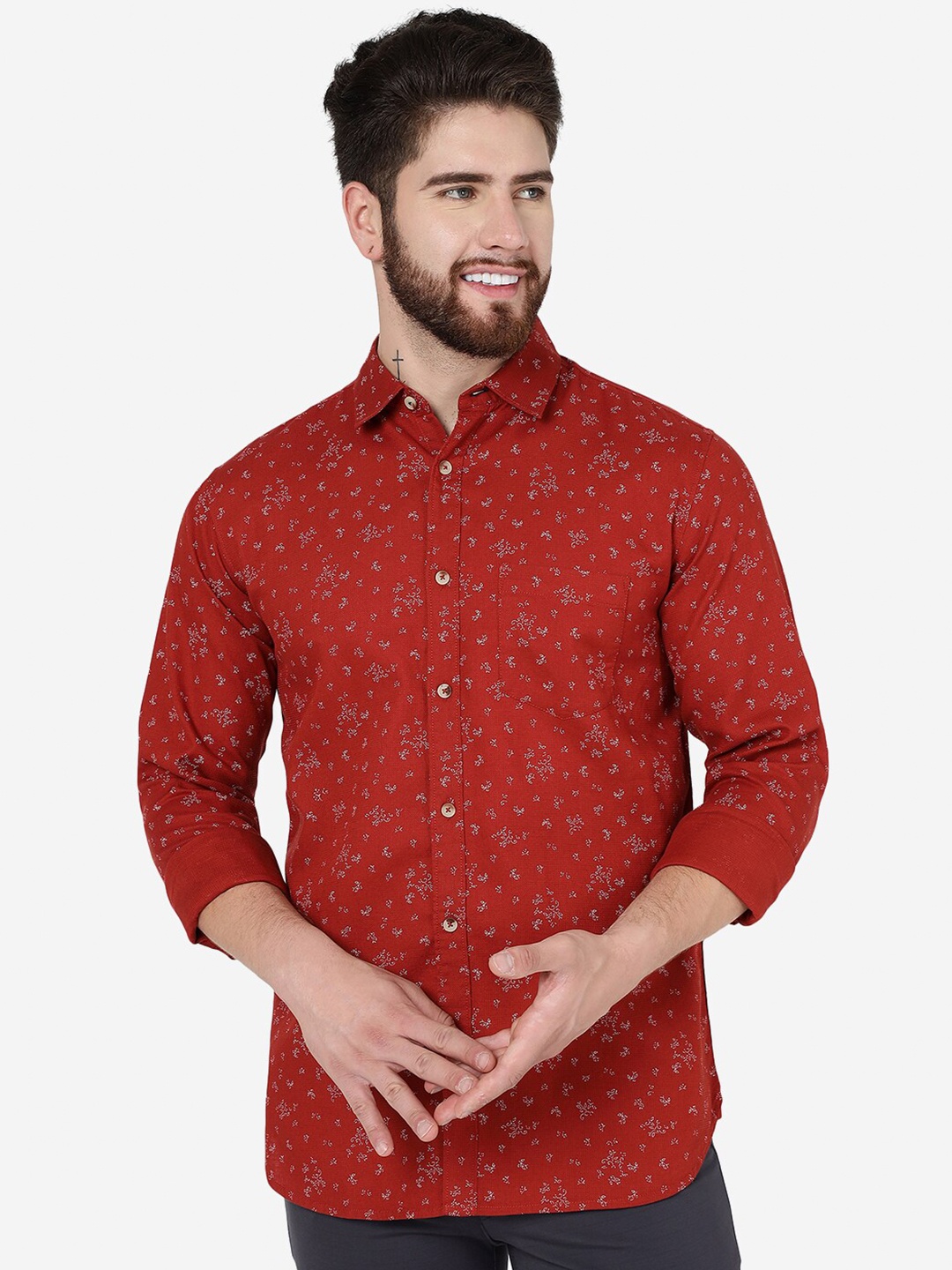 

JADE BLUE Men Floral Printed Slim Fit Opaque Pure Cotton Casual Shirt, Red