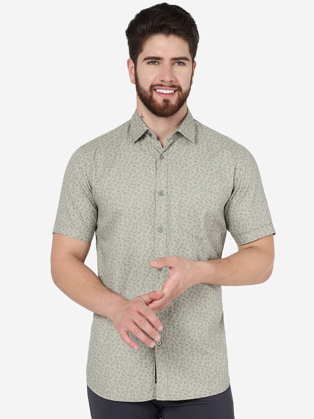 

JADE BLUE Floral Printed Spread Collar Slim Fit Pure Cotton Casual Shirt, Green