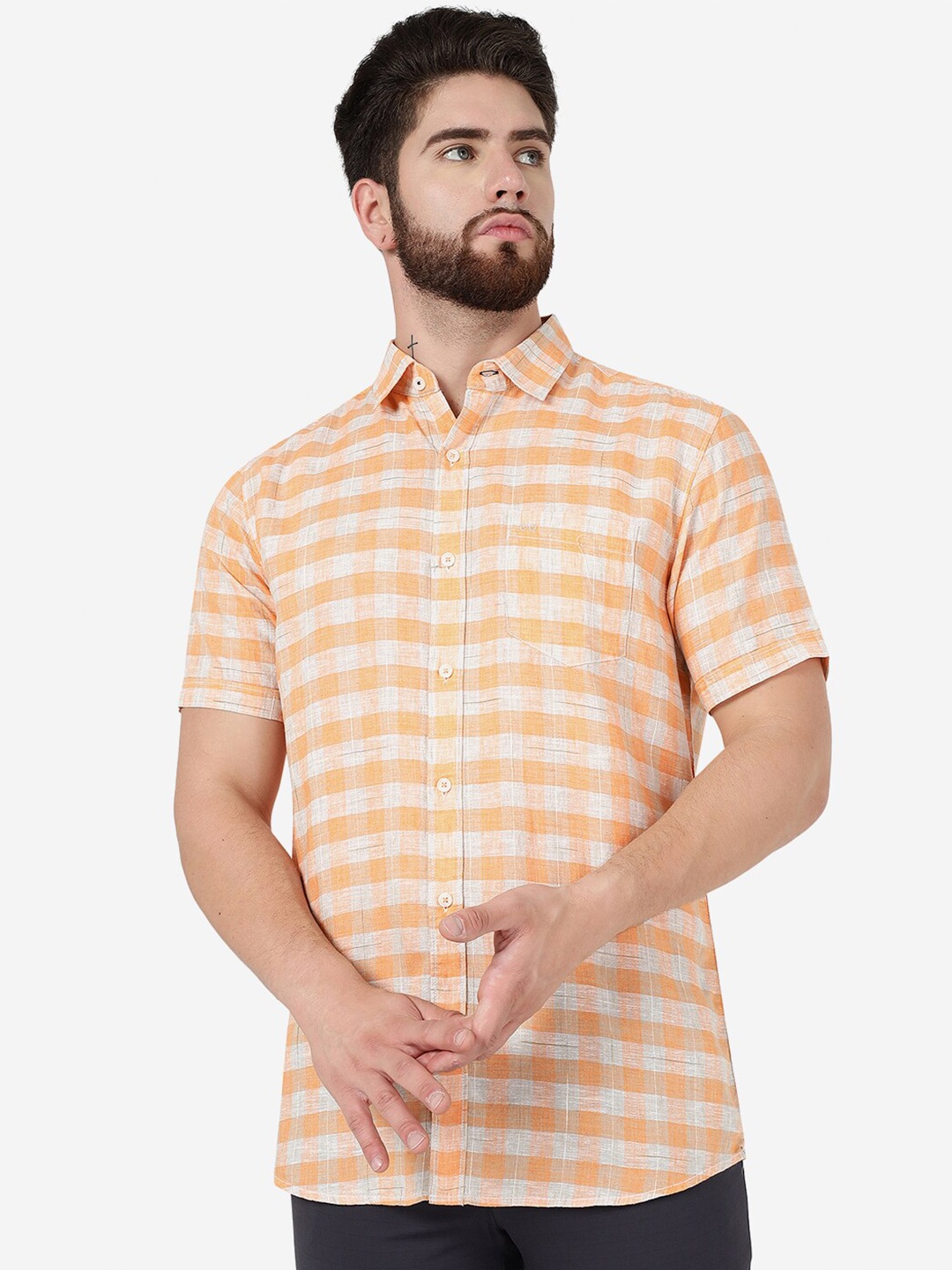 

JADE BLUE Slim Fit Gingham Checked Pure Cotton Casual Shirt, Peach