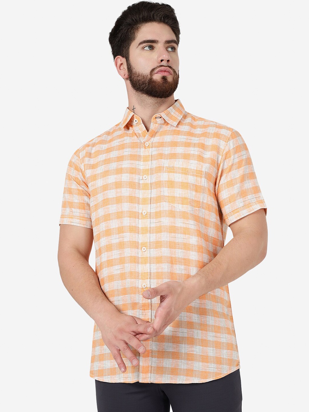 

JADE BLUE Slim Fit Gingham Checked Pure Cotton Casual Shirt, Peach