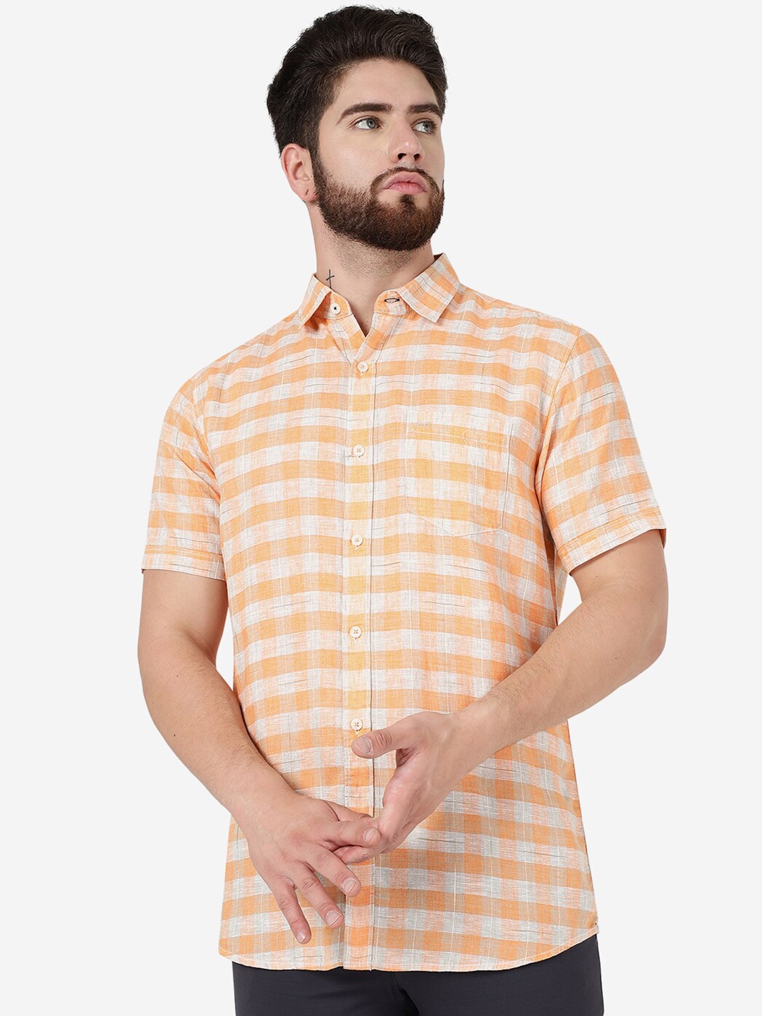 

JADE BLUE Slim Fit Gingham Checked Pure Cotton Casual Shirt, Peach