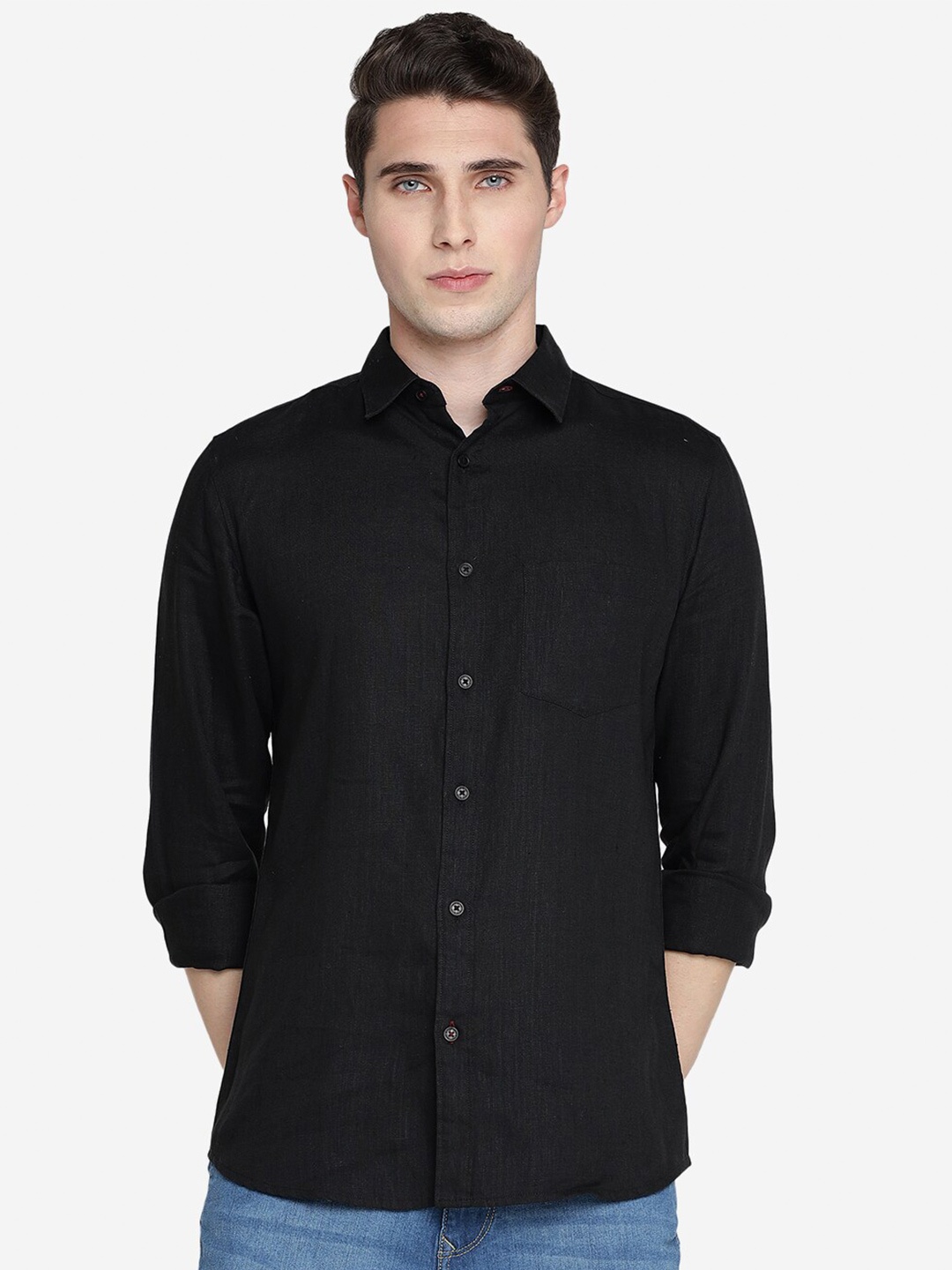 

JADE BLUE Men Slim Fit Opaque Pure Linen Casual Shirt, Black