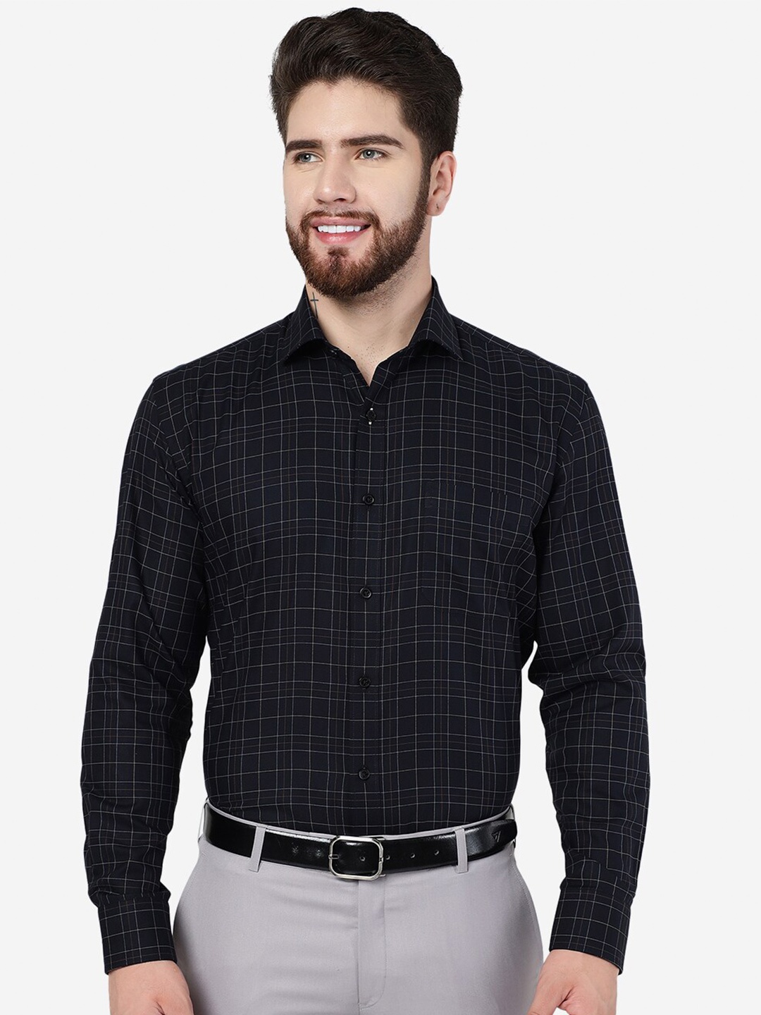 

JADE BLUE Checked Spread Collar Pure Cotton Formal Shirt, Black