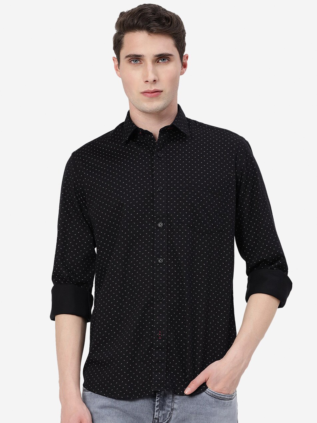 

JADE BLUE Slim Fit Ditsy Printed Mandarin Collar Opaque Casual Pure Cotton Shirt, Black