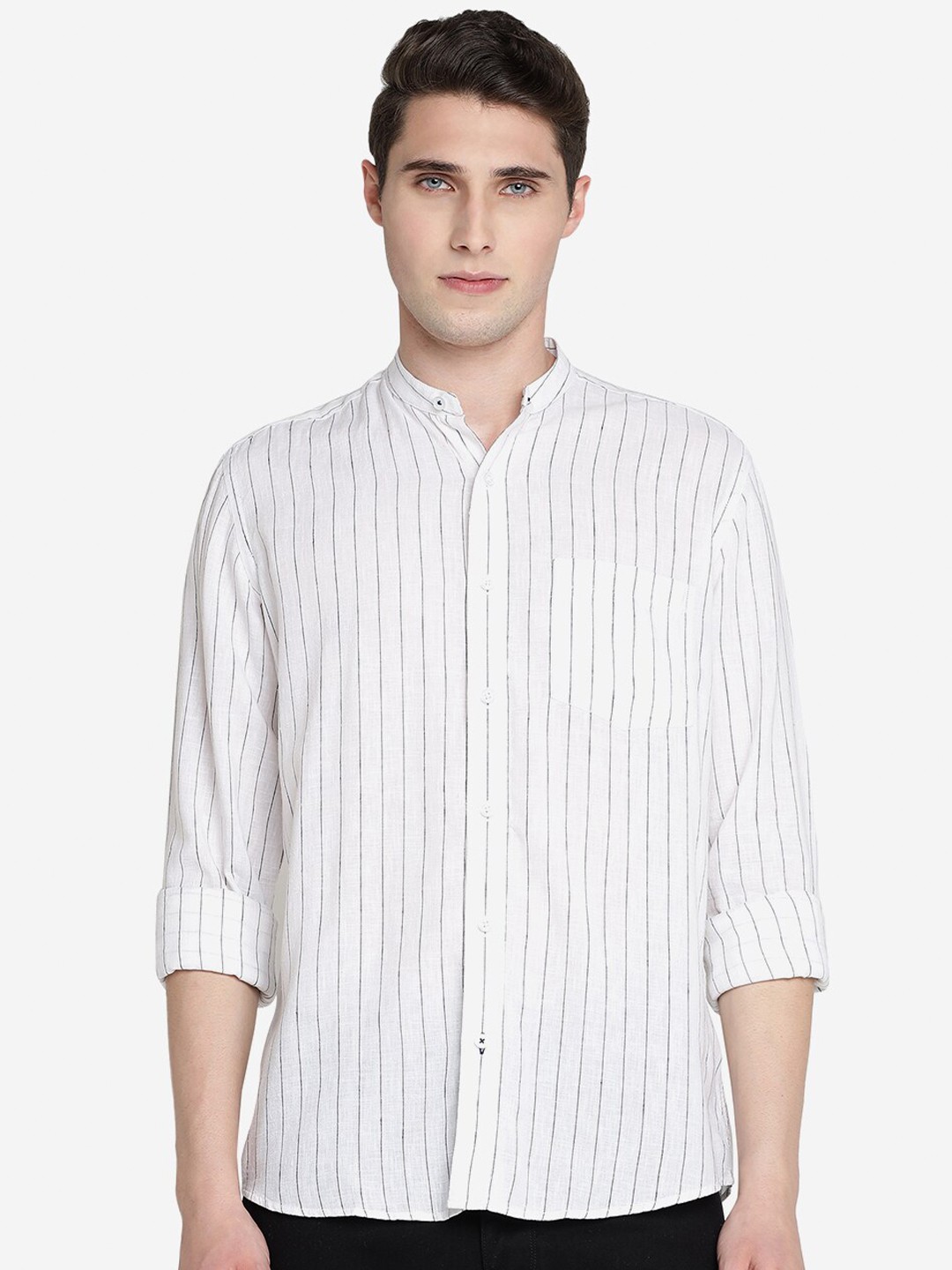 

JADE BLUE Slim Fit Mandarin Collar Vertical Striped Pure Cotton Casual Shirt, White
