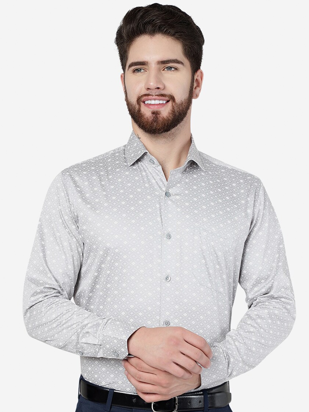 

JADE BLUE Floral Printed Spread Collar Pure Cotton Formal Shirt, Grey