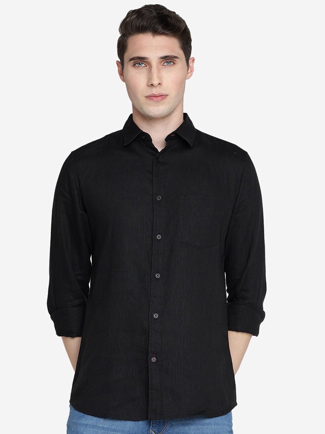 

JADE BLUE Slim Fit Pure Linen Casual Shirt, Black