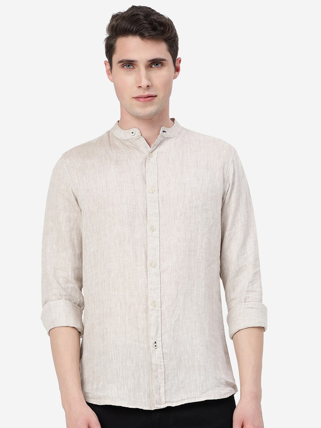 

JADE BLUE Mandarin Collar Slim Fit Pure Linen Casual Shirt, Beige