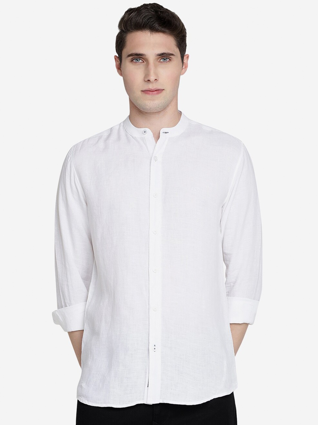 

JADE BLUE Mandarin Collar Pure Linen Slim Fit Casual Shirt, White