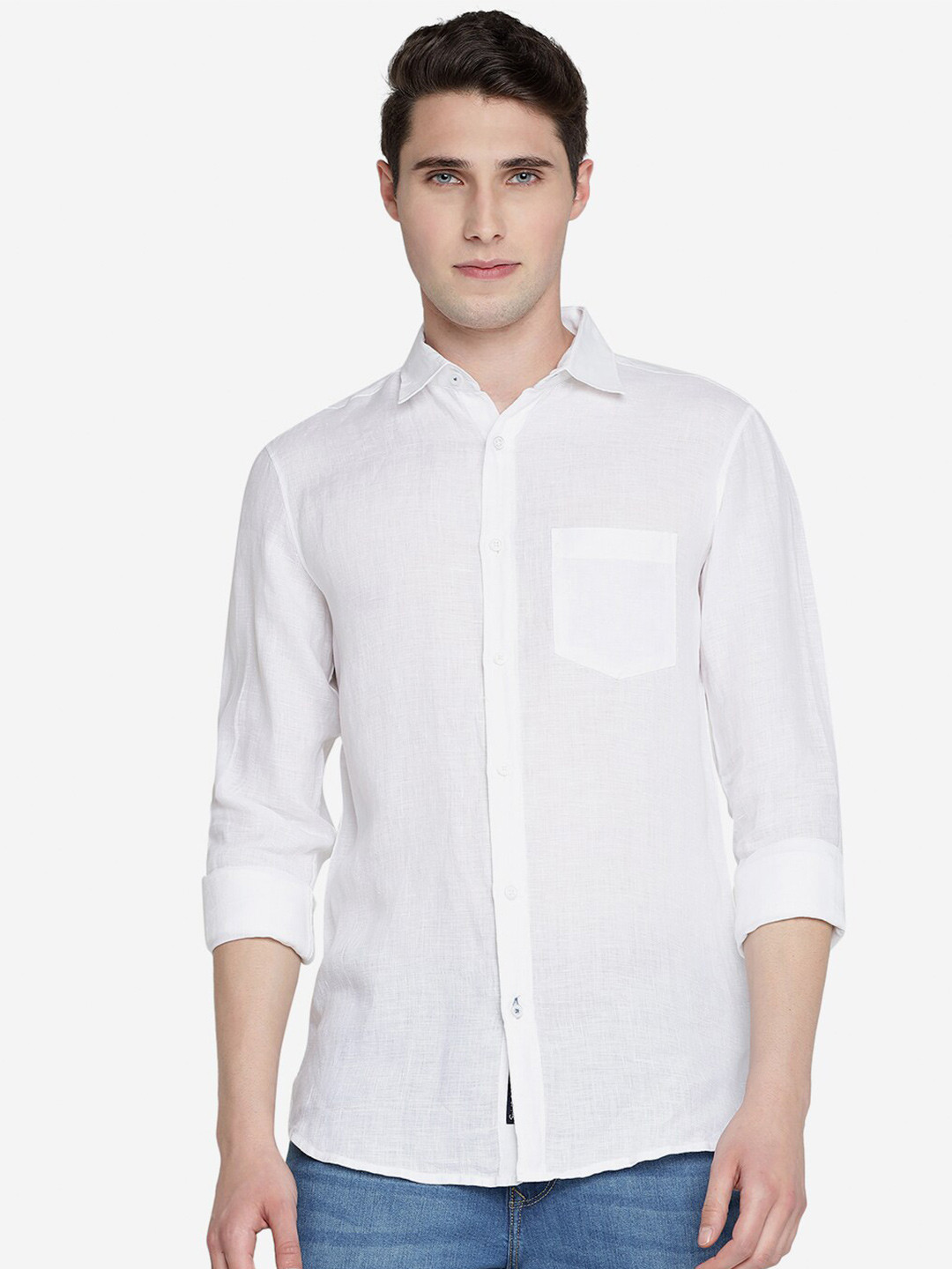 

JADE BLUE Spread Collar Pure Linen Slim Fit Casual Shirt, White