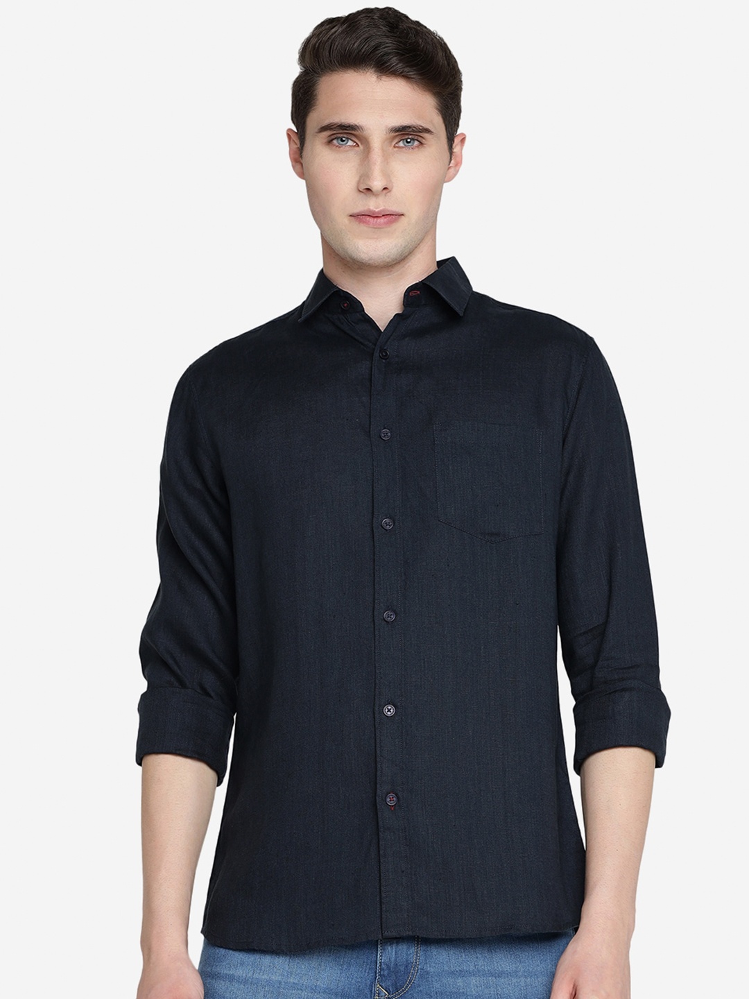 

JADE BLUE Spread Collar Pure Linen Slim Fit Casual Shirt, Navy blue