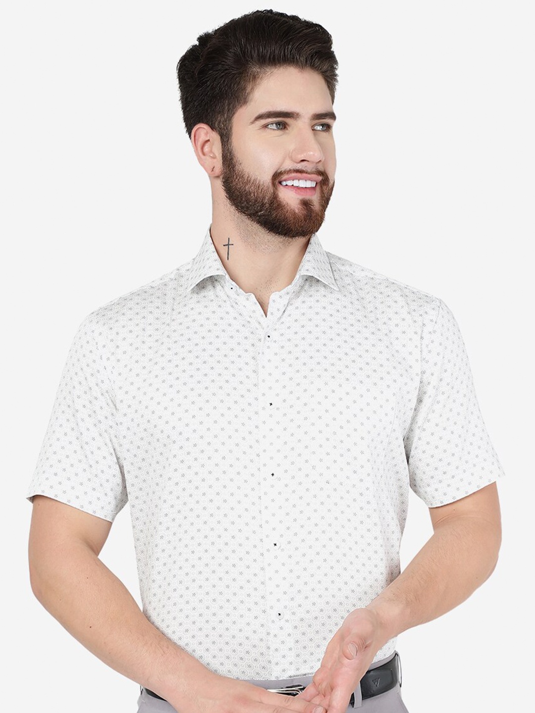 

JADE BLUE Micro Disty Printed Pure Cotton Formal Shirt, White