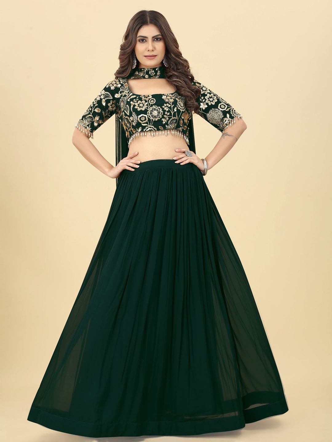 

KALINI Embellished Sequinned Ready to Wear Lehenga & Blouse With Dupatta, Green