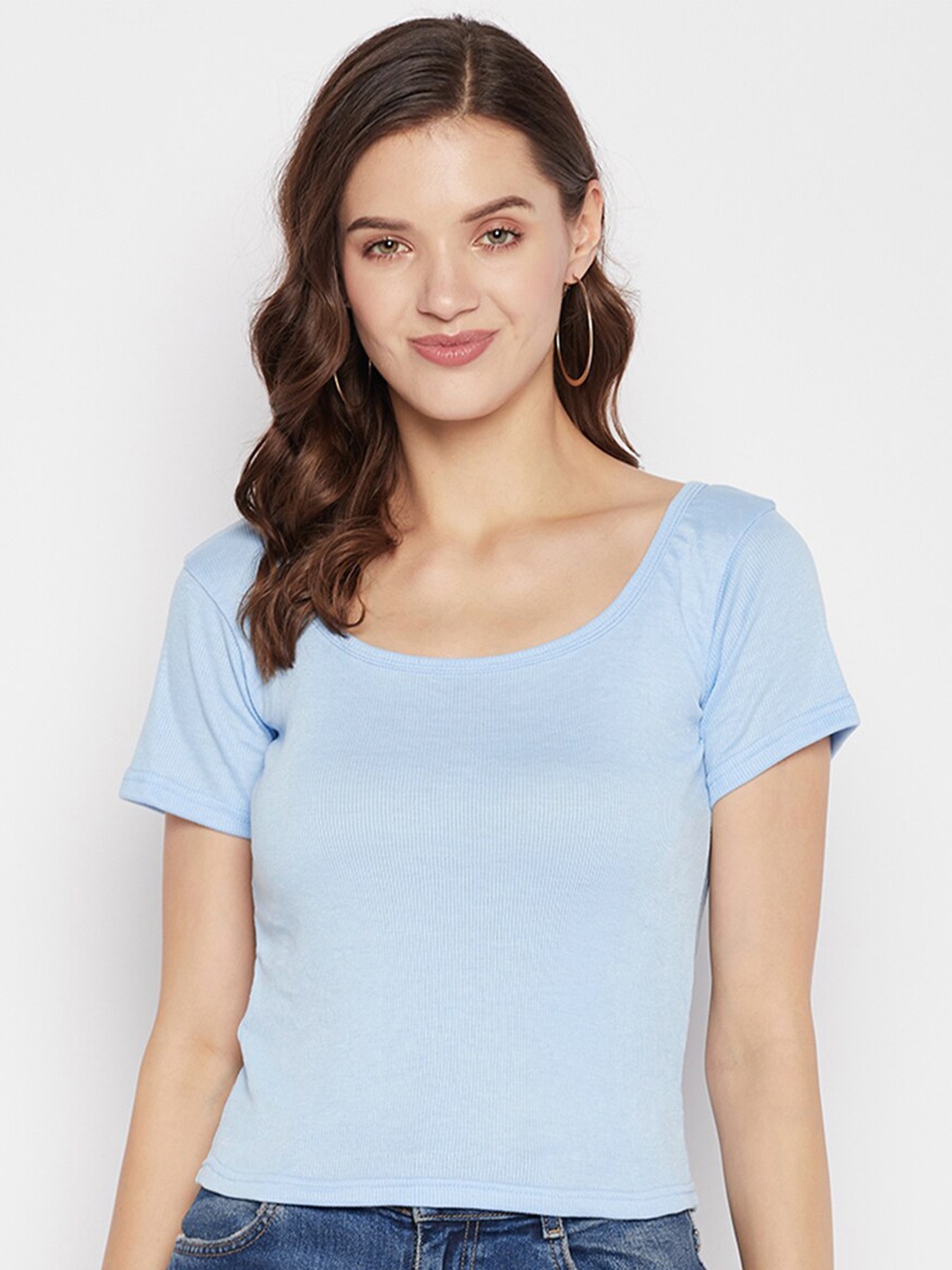 

Clora Creation Scoop Neck Fitted Crop Top, Blue