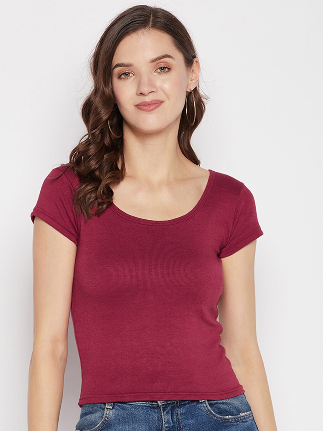 

Clora Creation Scoop Neck Short Sleeves Fitted Top, Maroon