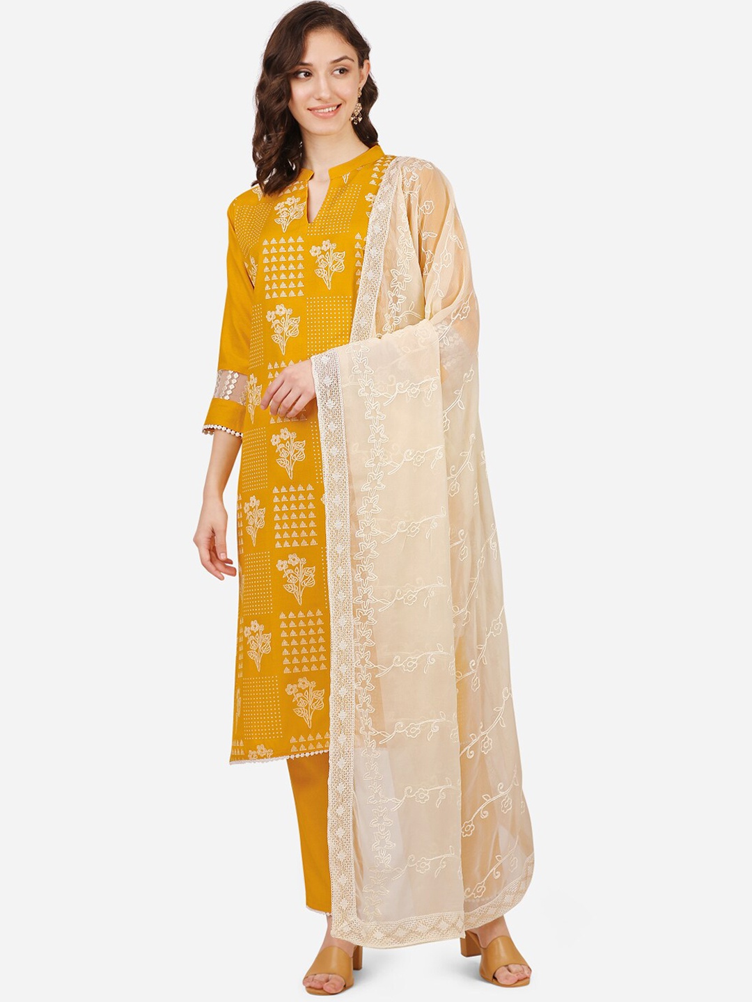 

FEMMIBELLA Floral Printed Mandarin Collar Kurta With Trousers & Dupatta, Yellow