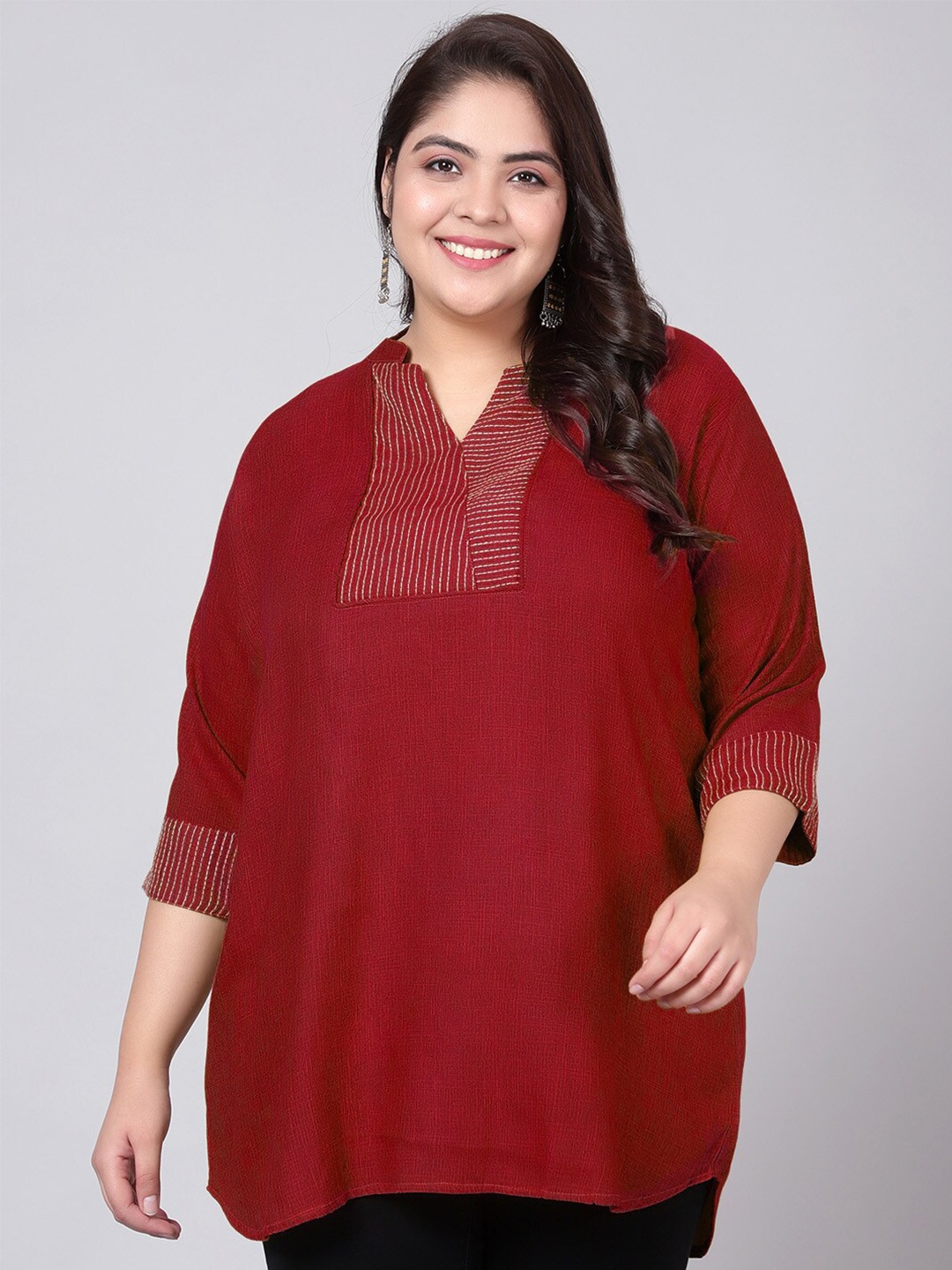 Indietoga Plus Size Embroidered Cotton Tunic, Maroon