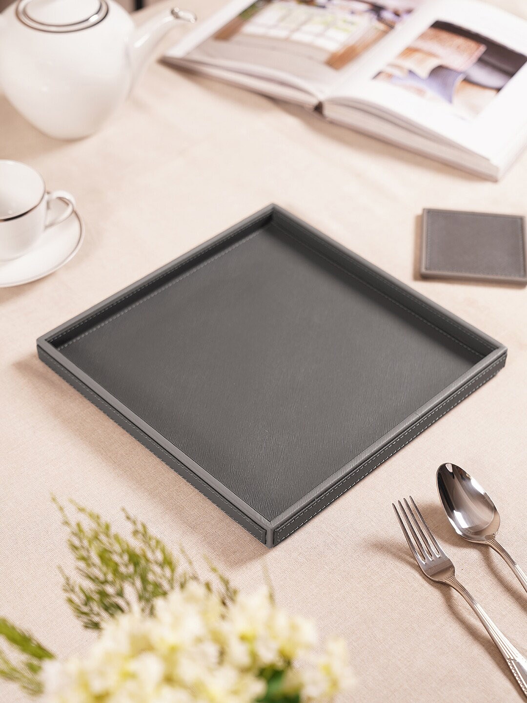 

Pure Home and Living Grey Faux Leather Platter Tray