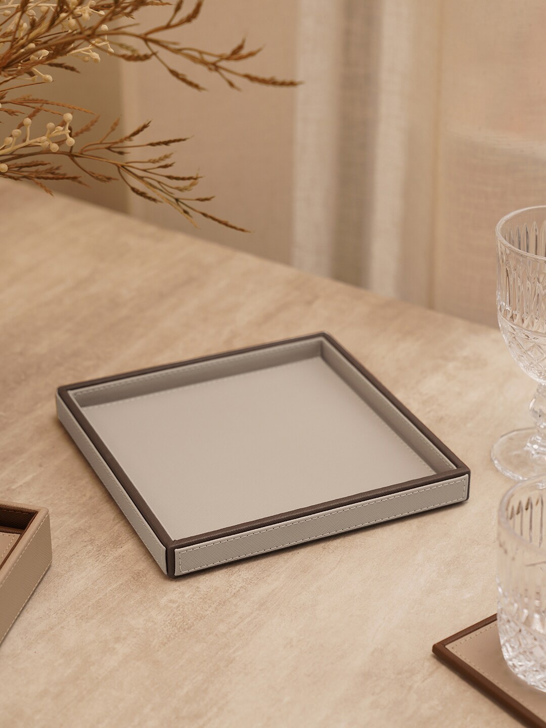 

Pure Home and Living Beige & Brown Faux Leather Platter Serving Tray