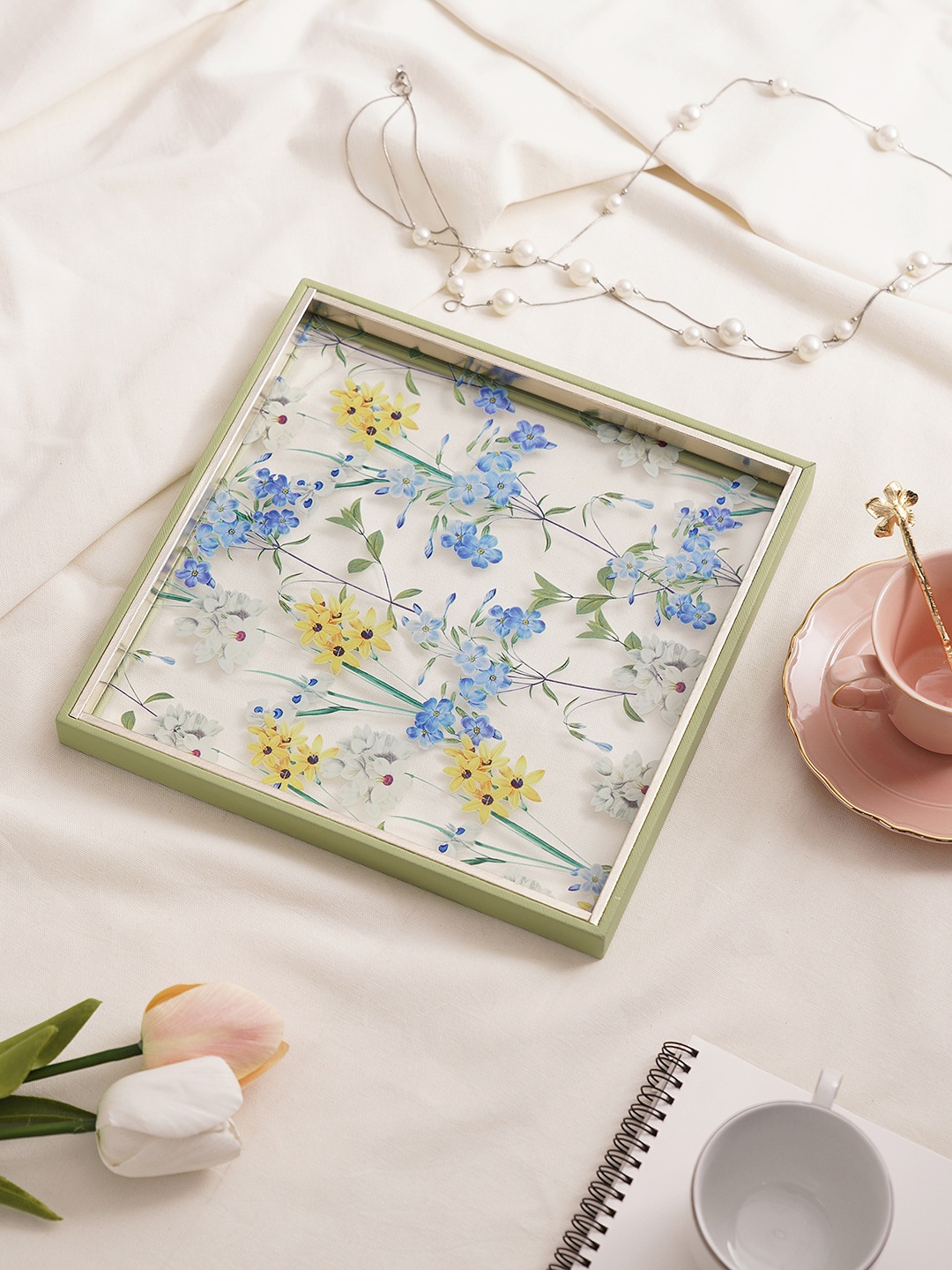 

Pure Home and Living Green & Blue Floral Printed Glass Faux Leather Platter Tray