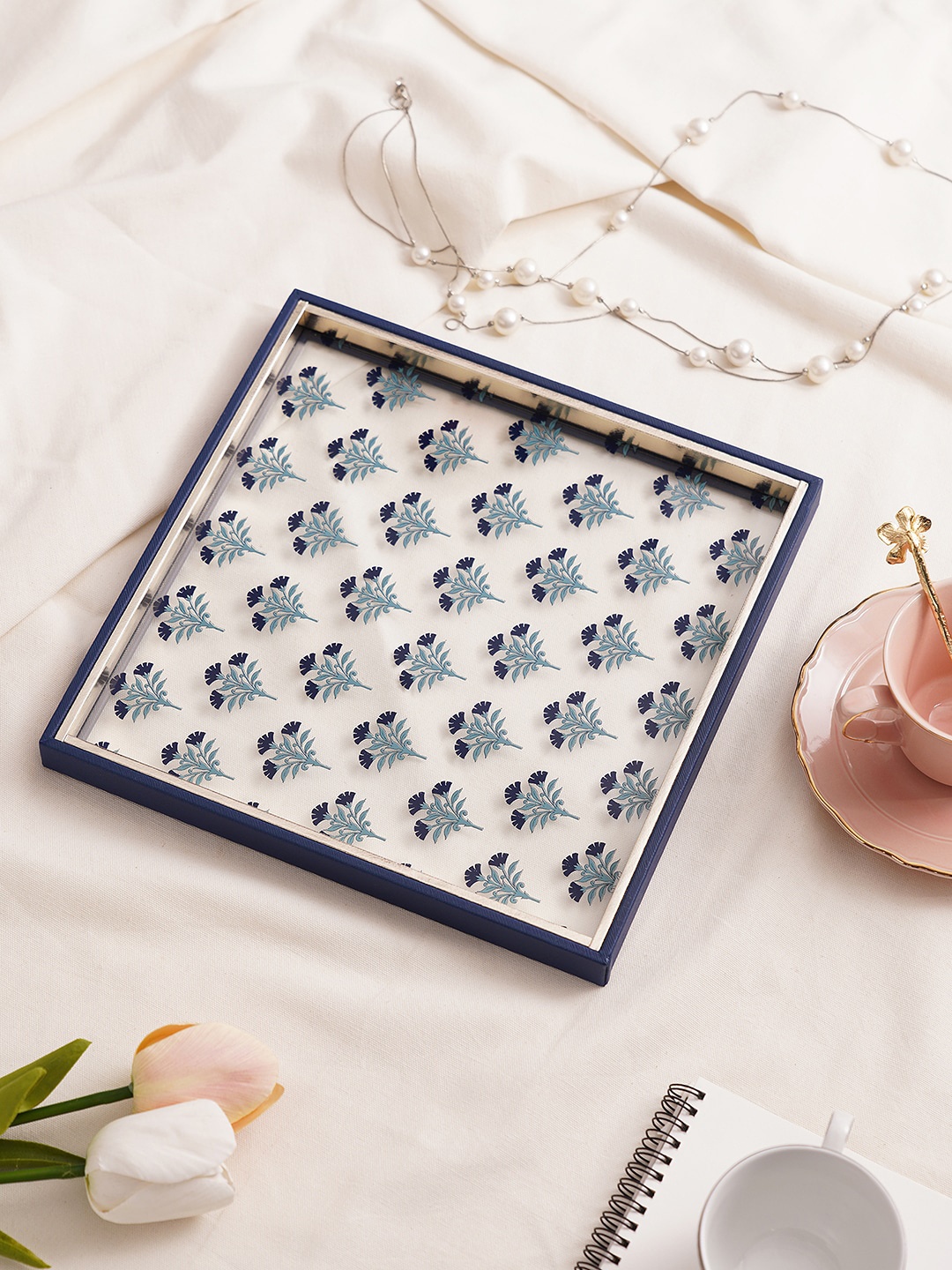 

Pure Home and Living Floral Print Glass Faux Leather Trays, Blue