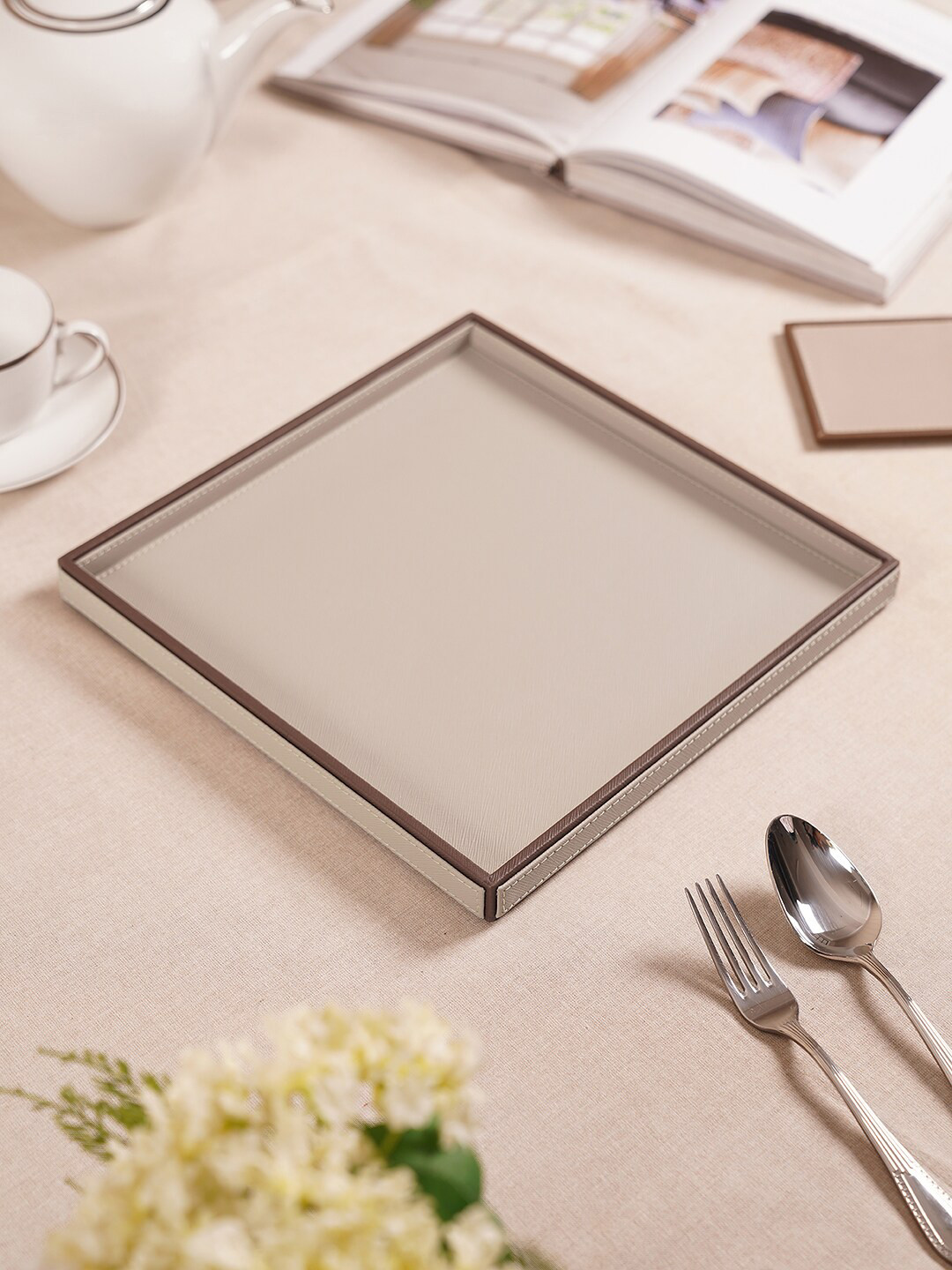 

Pure Home and Living Beige & Brown Faux Leather Platter Serving Tray