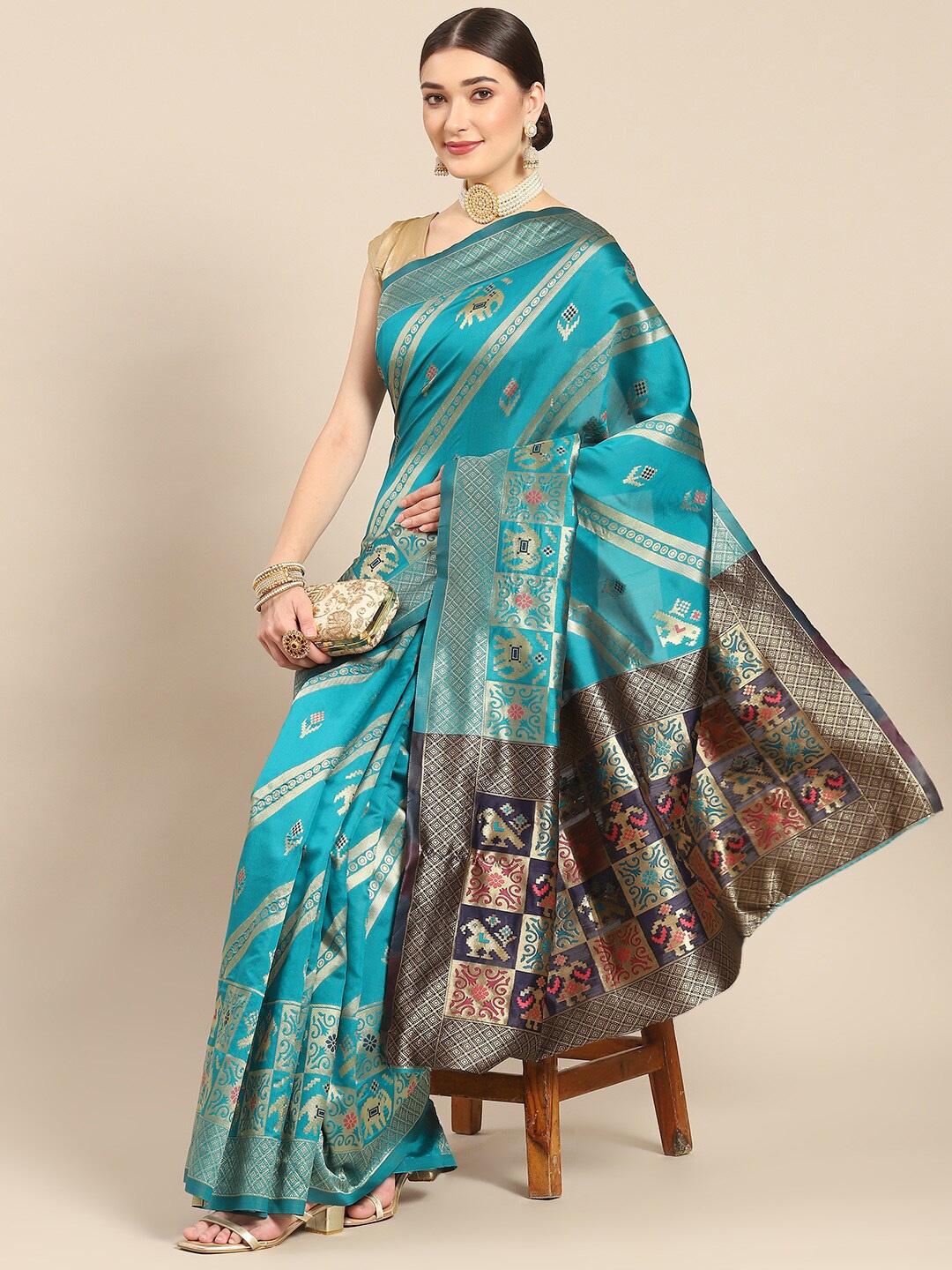 

all about you Turquoise Blue & Red Ethnic Motif Woven Design Zari Kanjeevaram Saree