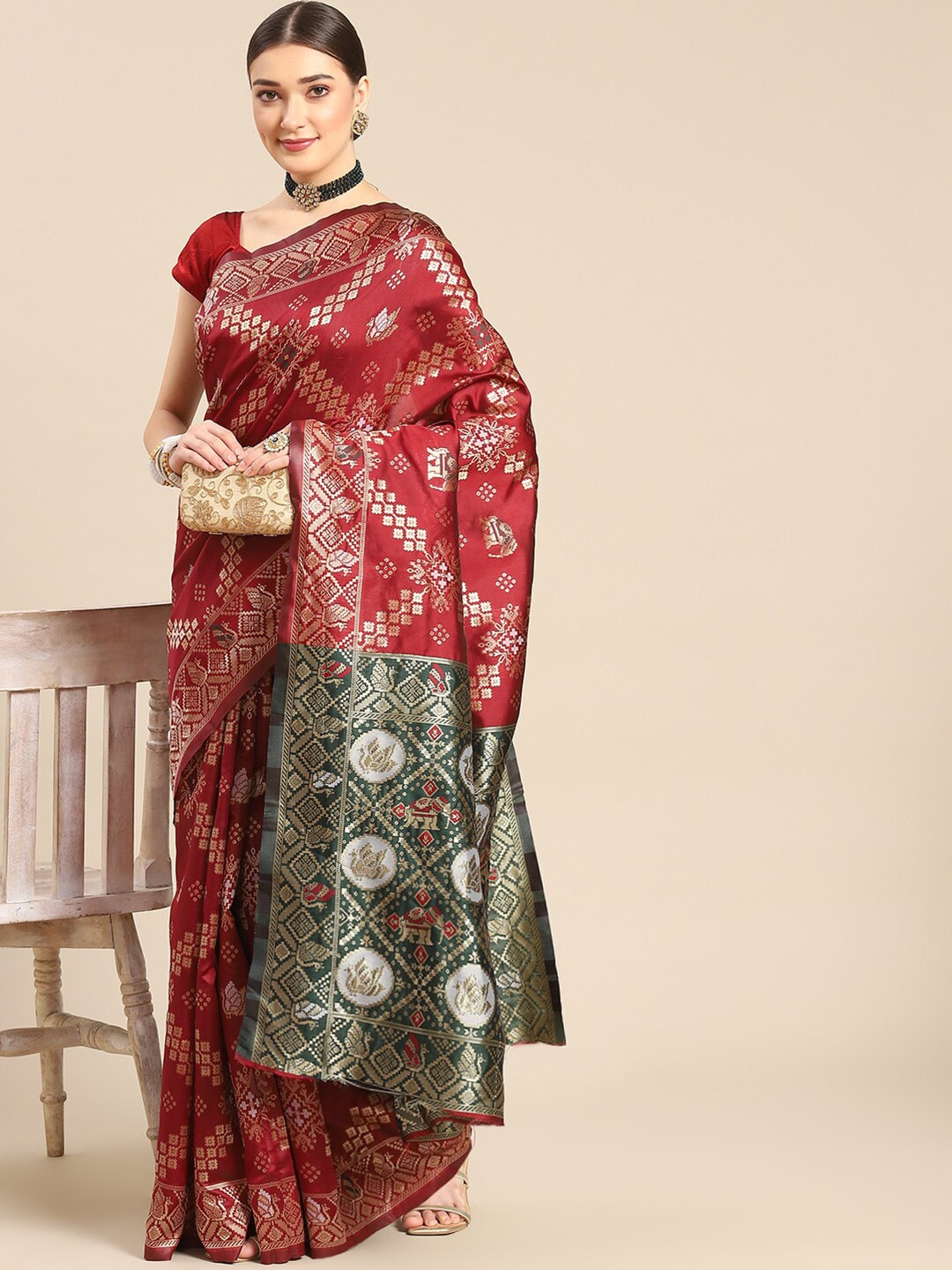

all about you Maroon & Green Ethnic Motifs Woven Design Zari Kanjeevaram Saree