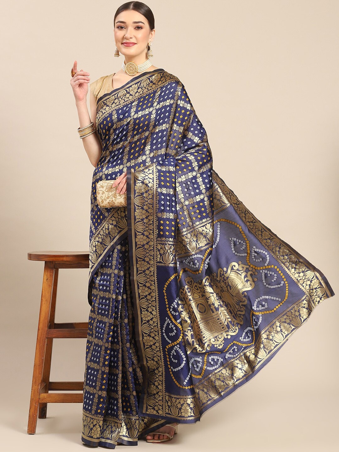 

all about you Blue & Gold-Toned Ethnic Motif Woven Design Zari Kanjeevaram Saree