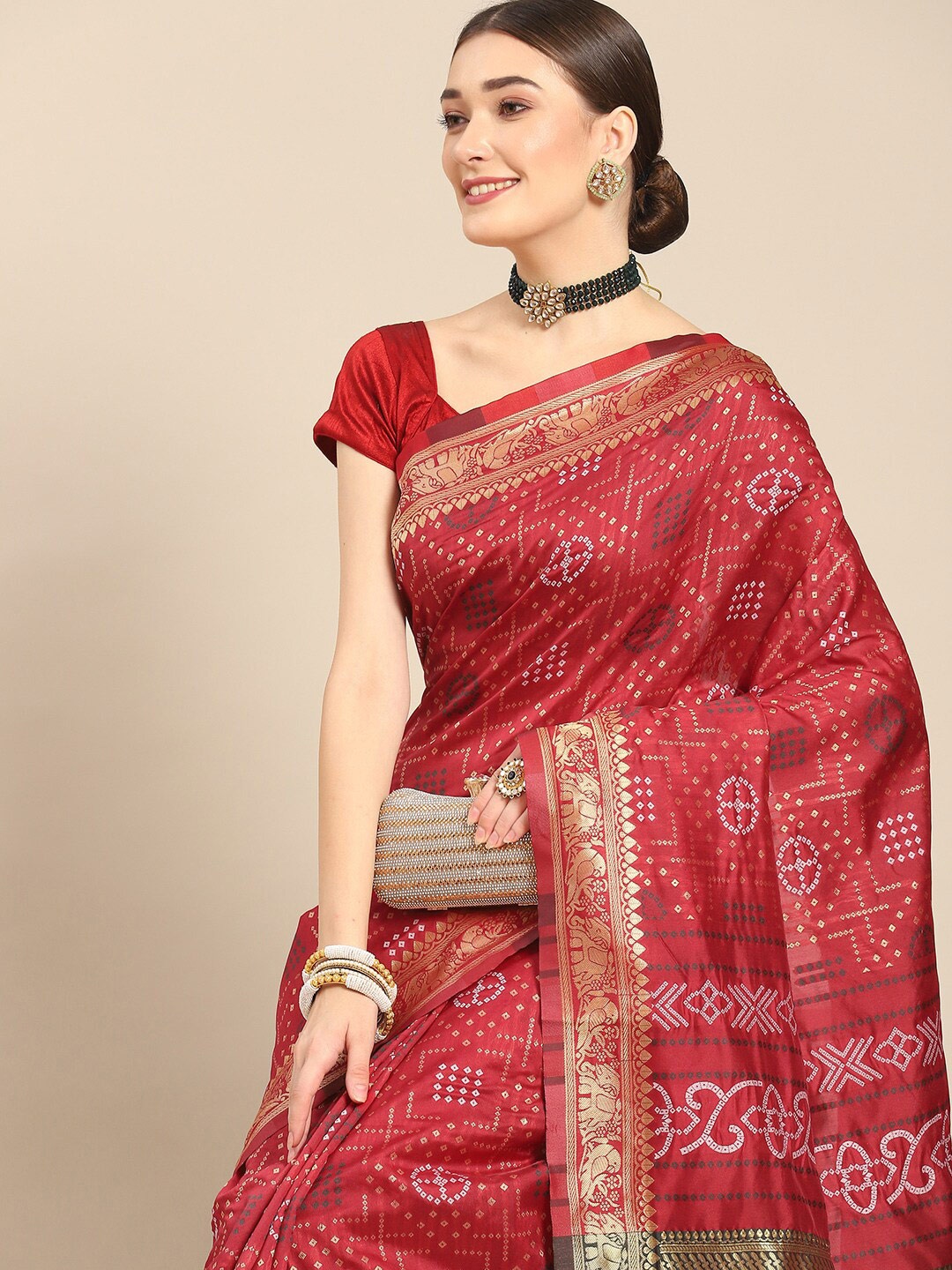 

all about you Pink & Green Ethnic Motifs Woven Design Zari Kanjeevaram Saree