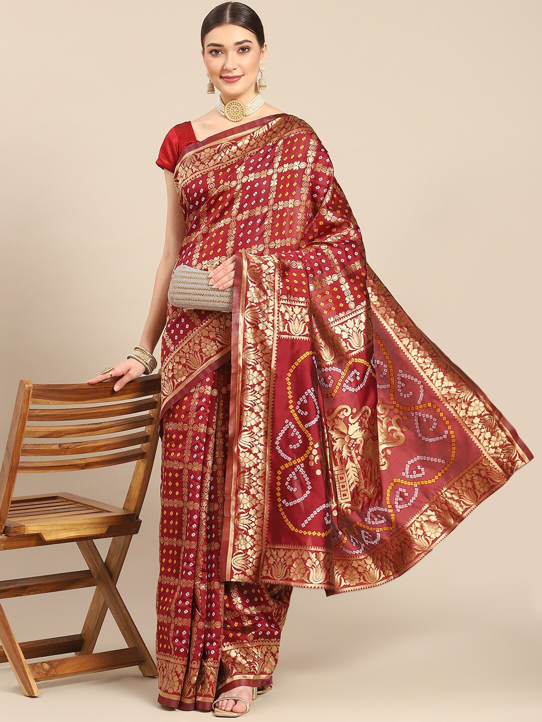 

all about you Maroon & Gold-Toned Ethnic Motifs Woven Design Zari Kanjeevaram Saree