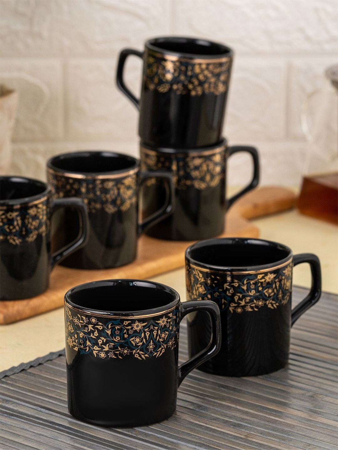 

CLAY CRAFT Black & Gold Toned 6 Pieces Floral Printed Ceramic Tea Cups 200ml