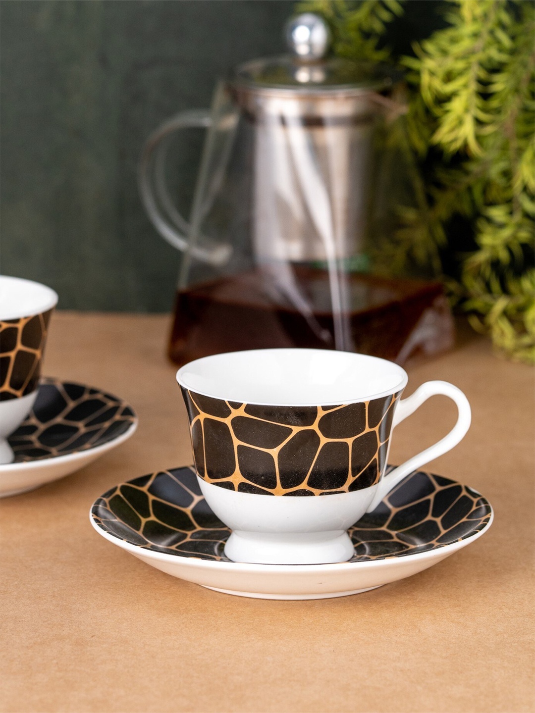 

CLAY CRAFT Black & White 12 Pieces Printed Ceramic Glossy Cups and Saucers 180 ml Each