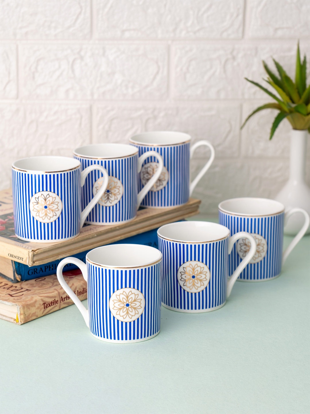 

CLAY CRAFT Blue & White 6 Pieces Floral Printed Ceramic Glossy Coffee Mugs 200 ml Each