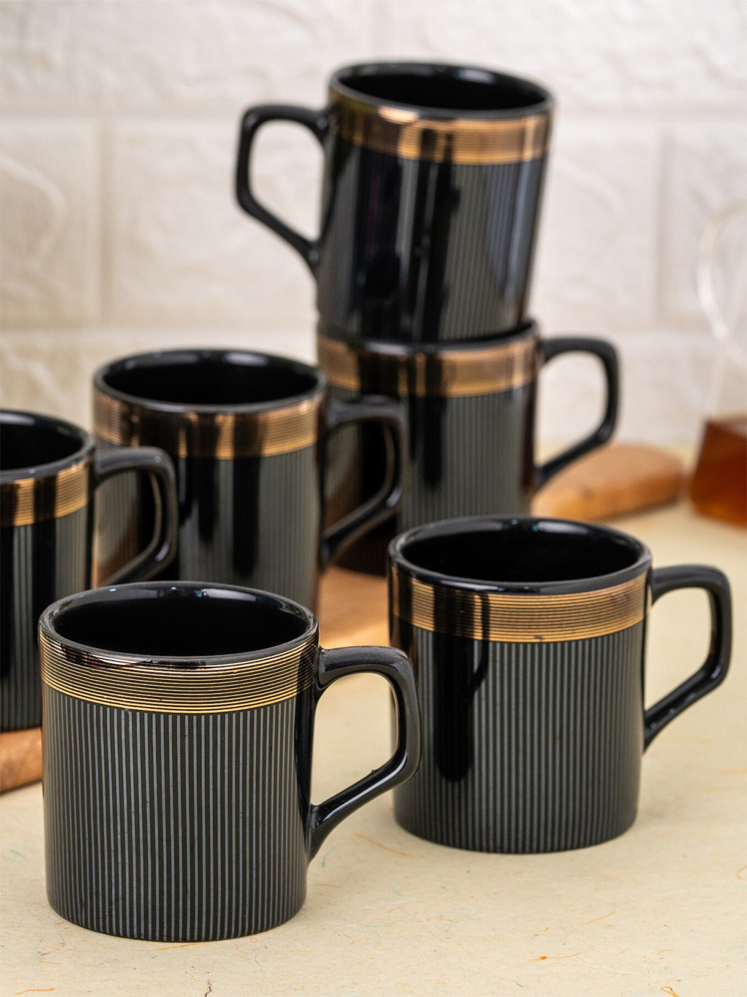 

CLAY CRAFT Black 6 Pieces Floral Printed Ceramic Glossy Coffee Mugs 200 ml Each