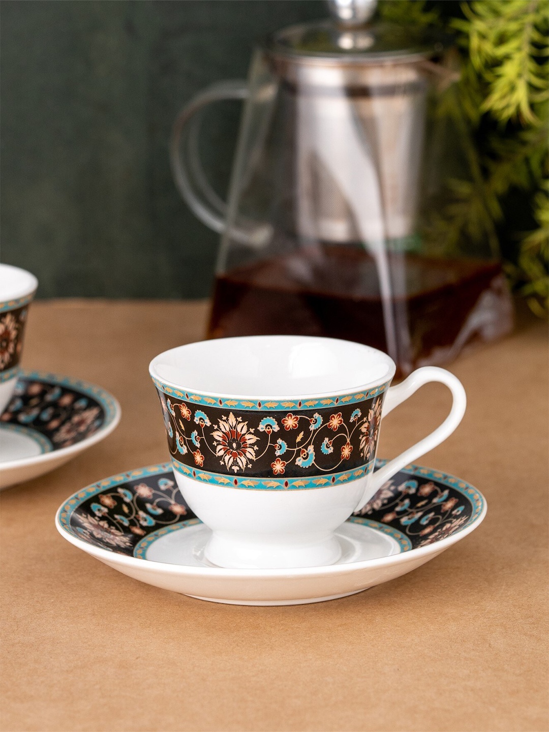 

CLAY CRAFT White & Black 12 Pieces Printed Ceramic Glossy Cups and Saucers 180 ml Each