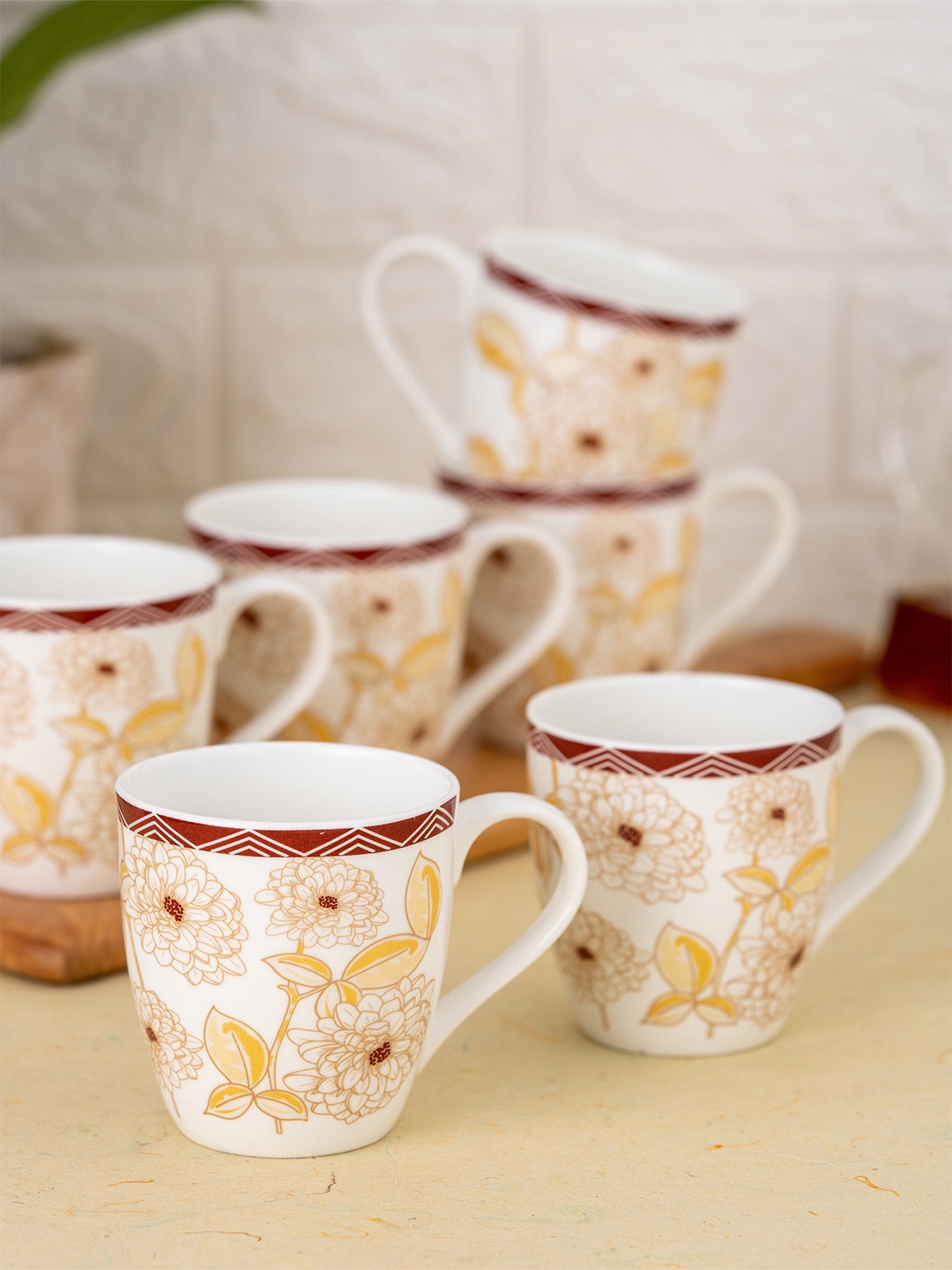 

CLAY CRAFT White & Yellow 6 Pieces Printed Ceramic Glossy Coffee Mugs 180 ml Each