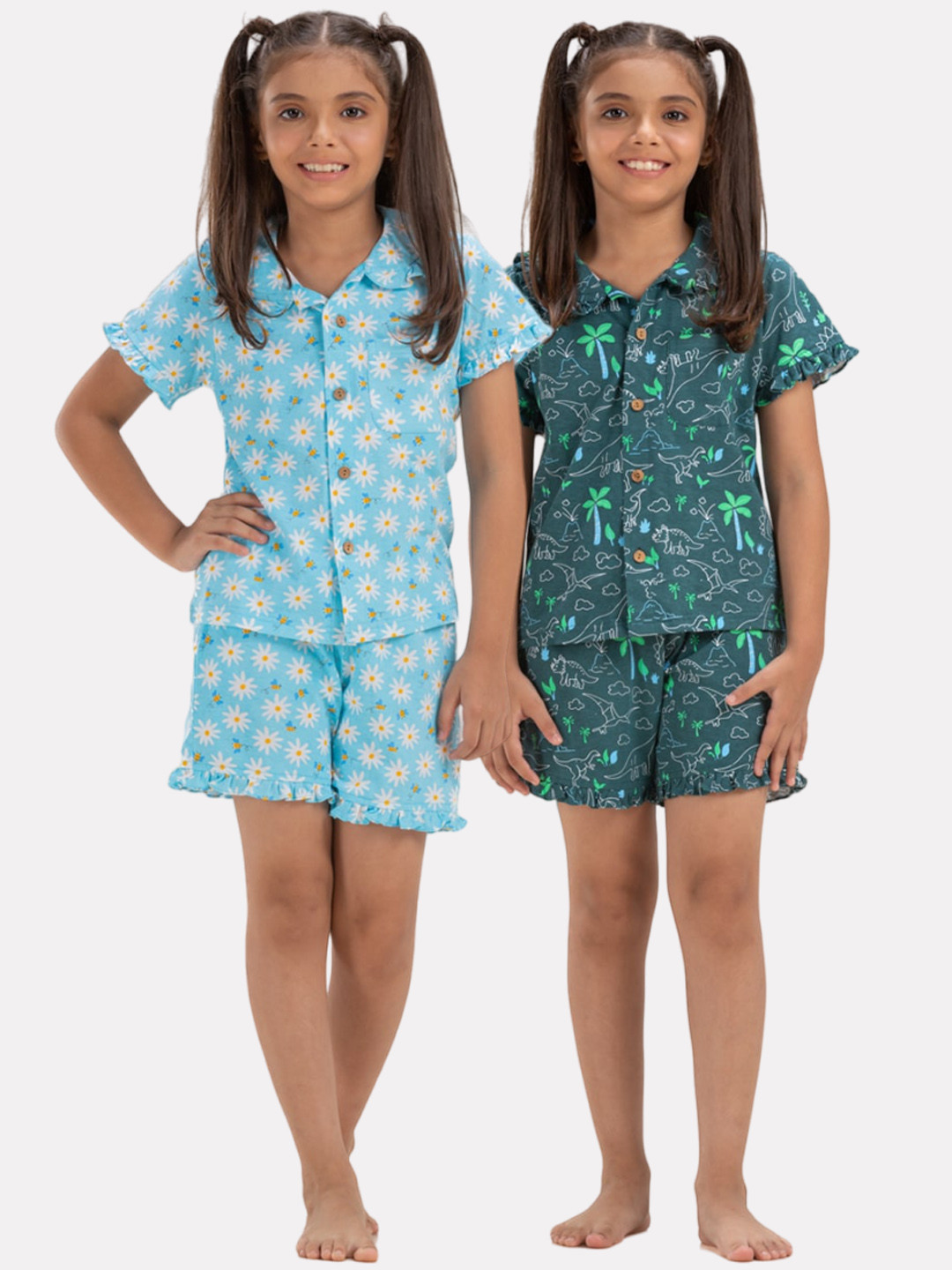 

Growing Tree Girls Pack Of 2 Floral Printed Pure Cotton Night Suit, Blue