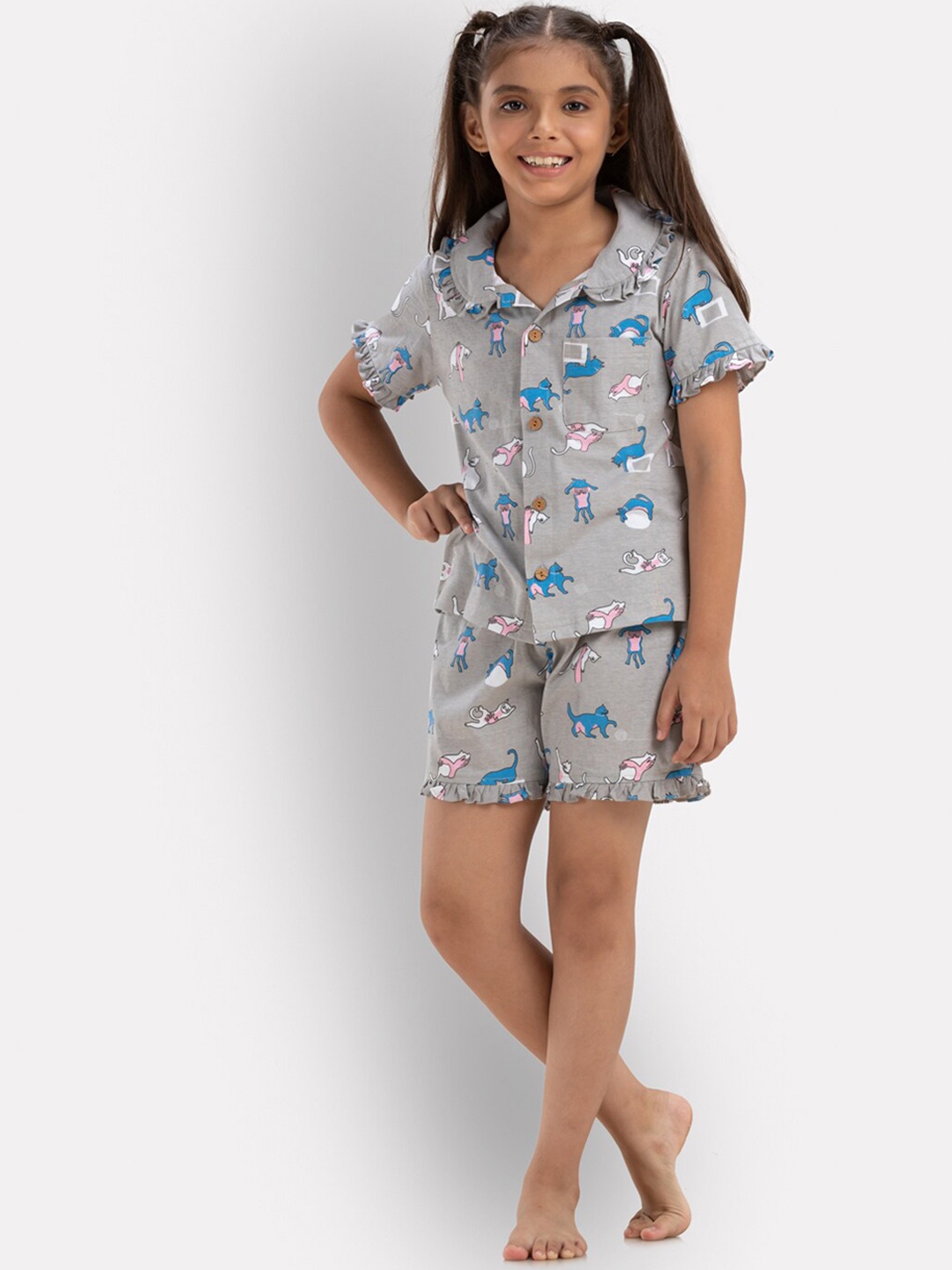 

Growing Tree Girls Conversational Printed Pure Cotton Night Suit, Grey