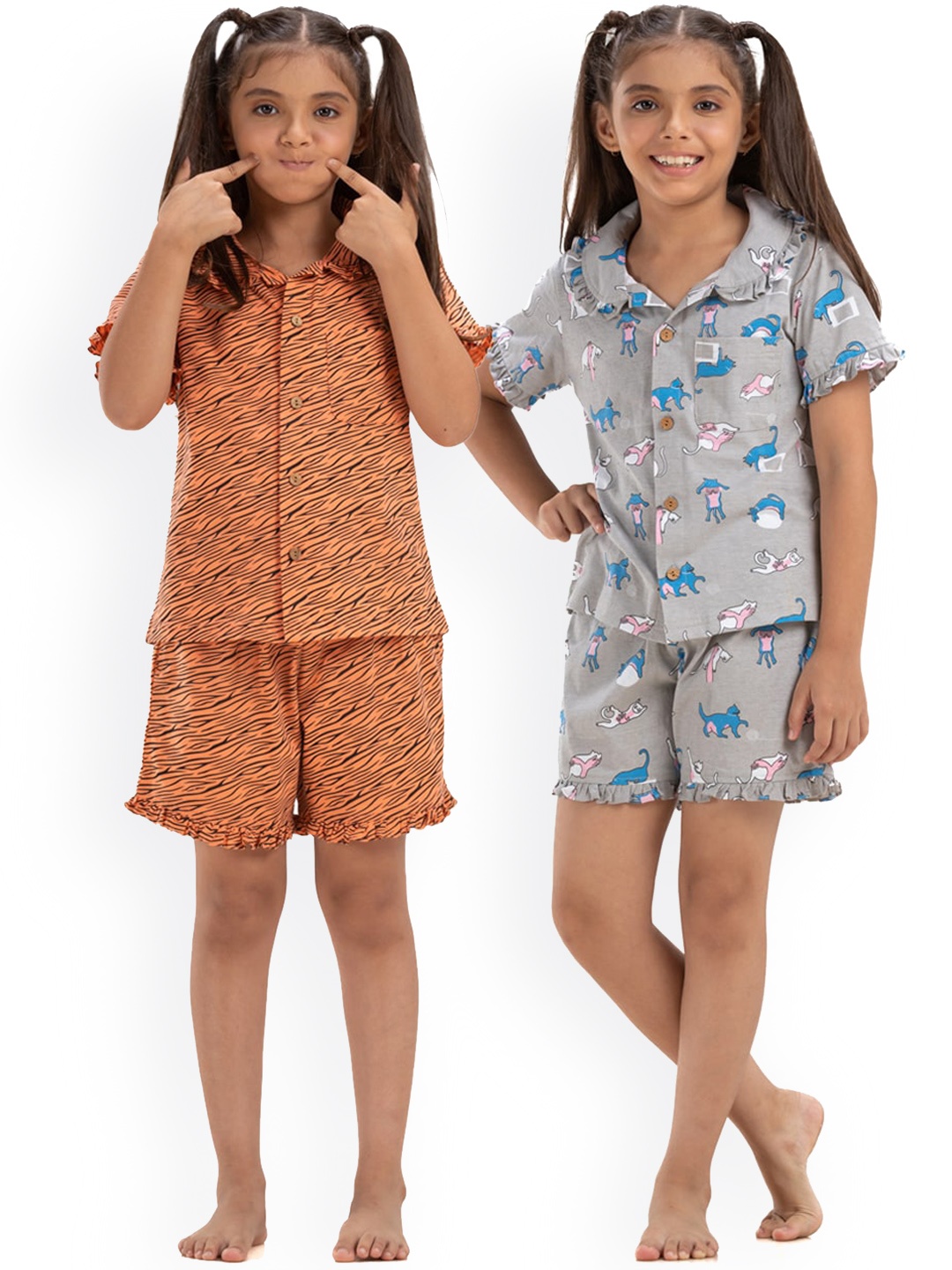 

Growing Tree Girls Pack Of 2 Conversational Printed Pure Cotton Night Suit, Grey